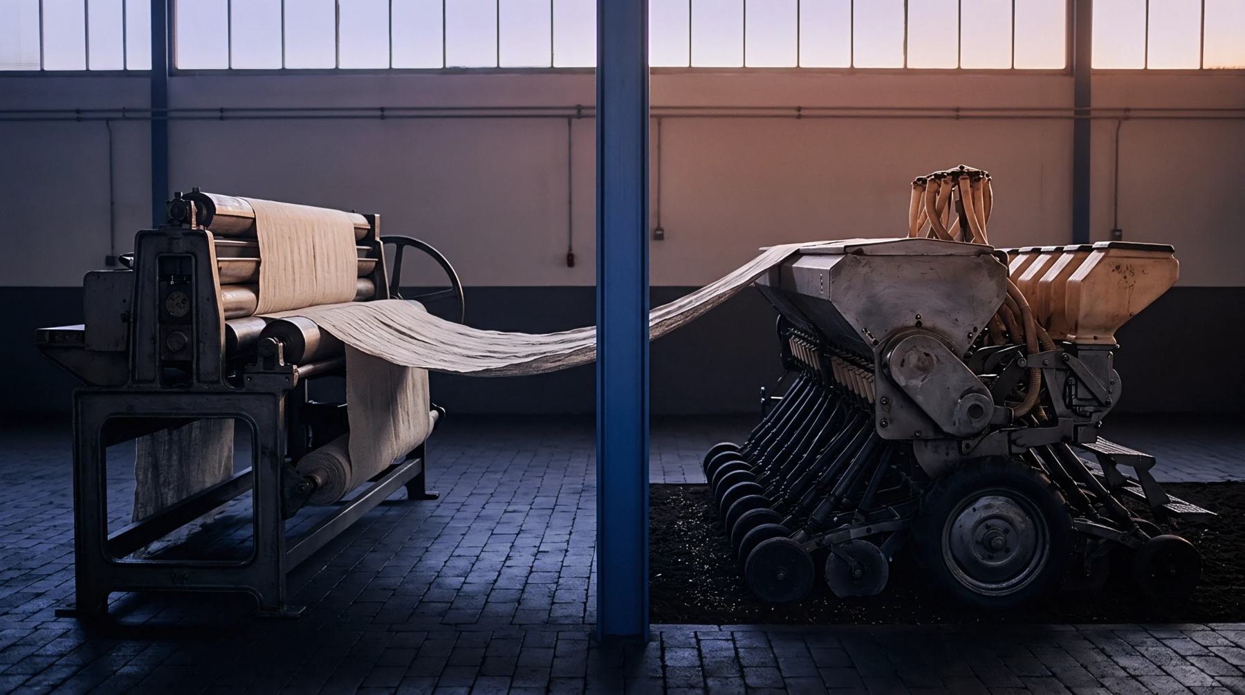 Heavy industrial machinery feeds a continuous sheet of processed flax fiber across a tiled factory floor beneath large windows.