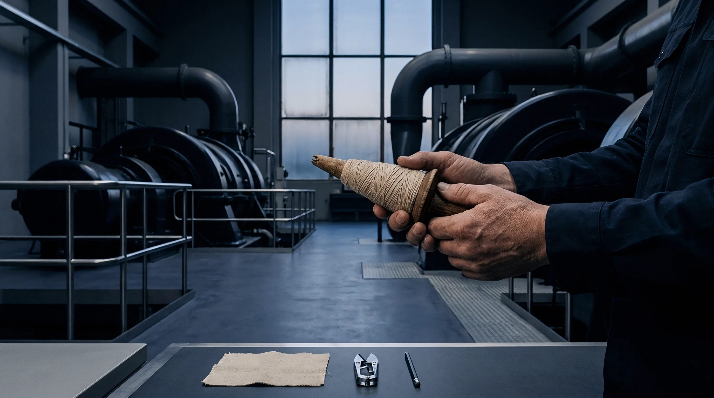 Factory personnel hold a wooden bobbin wound with linen yarn inside a heavy industrial machinery hall containing a fabric sample on a table.