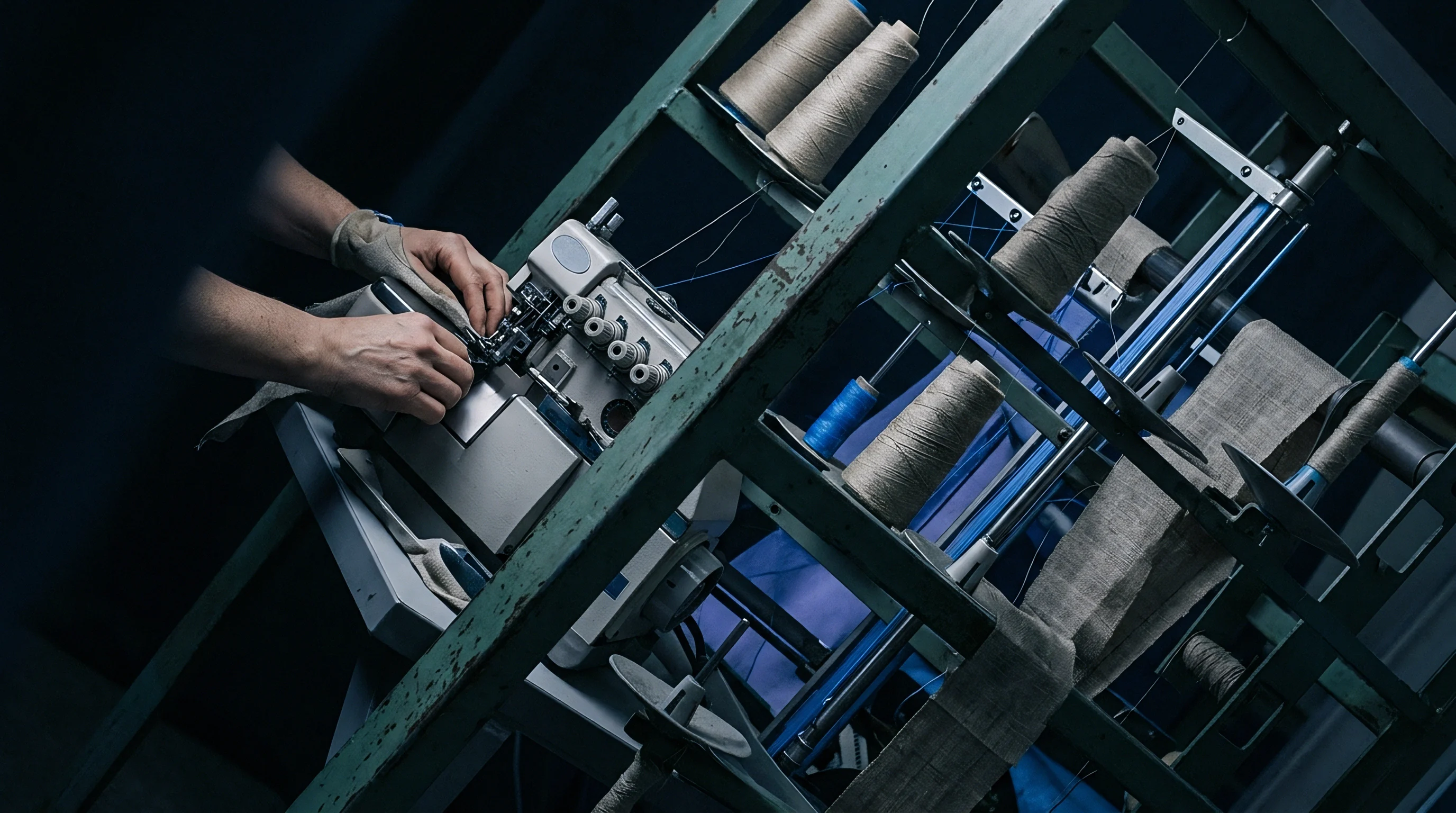 A worker guides woven linen fabric through an industrial overlock sewing machine surrounded by spools of coarse flax yarn.