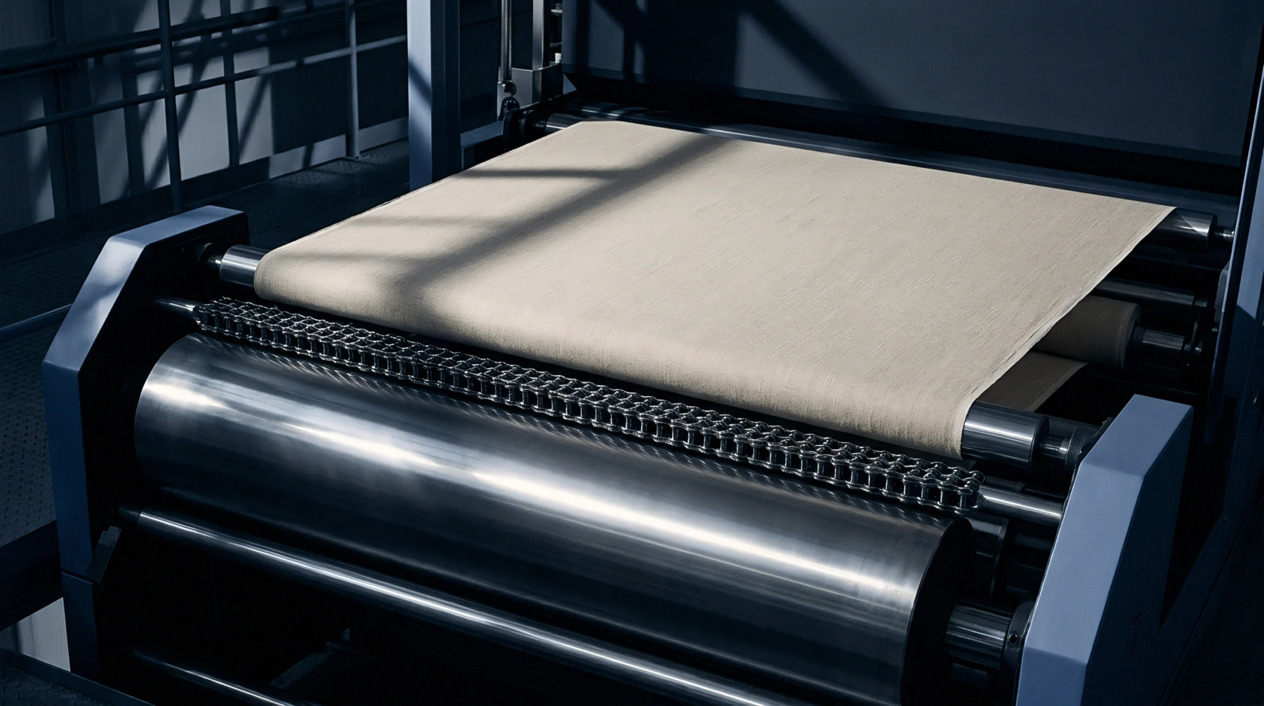 A wide roll of woven fabric moves across steel rollers and industrial chains within an automated textile production facility.