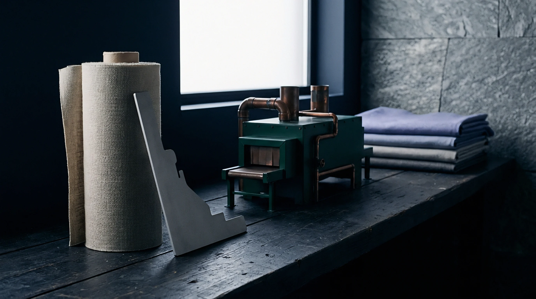 A green industrial processing model sits on a dark wooden workbench next to a heavy woven flax roll and folded fabrics.