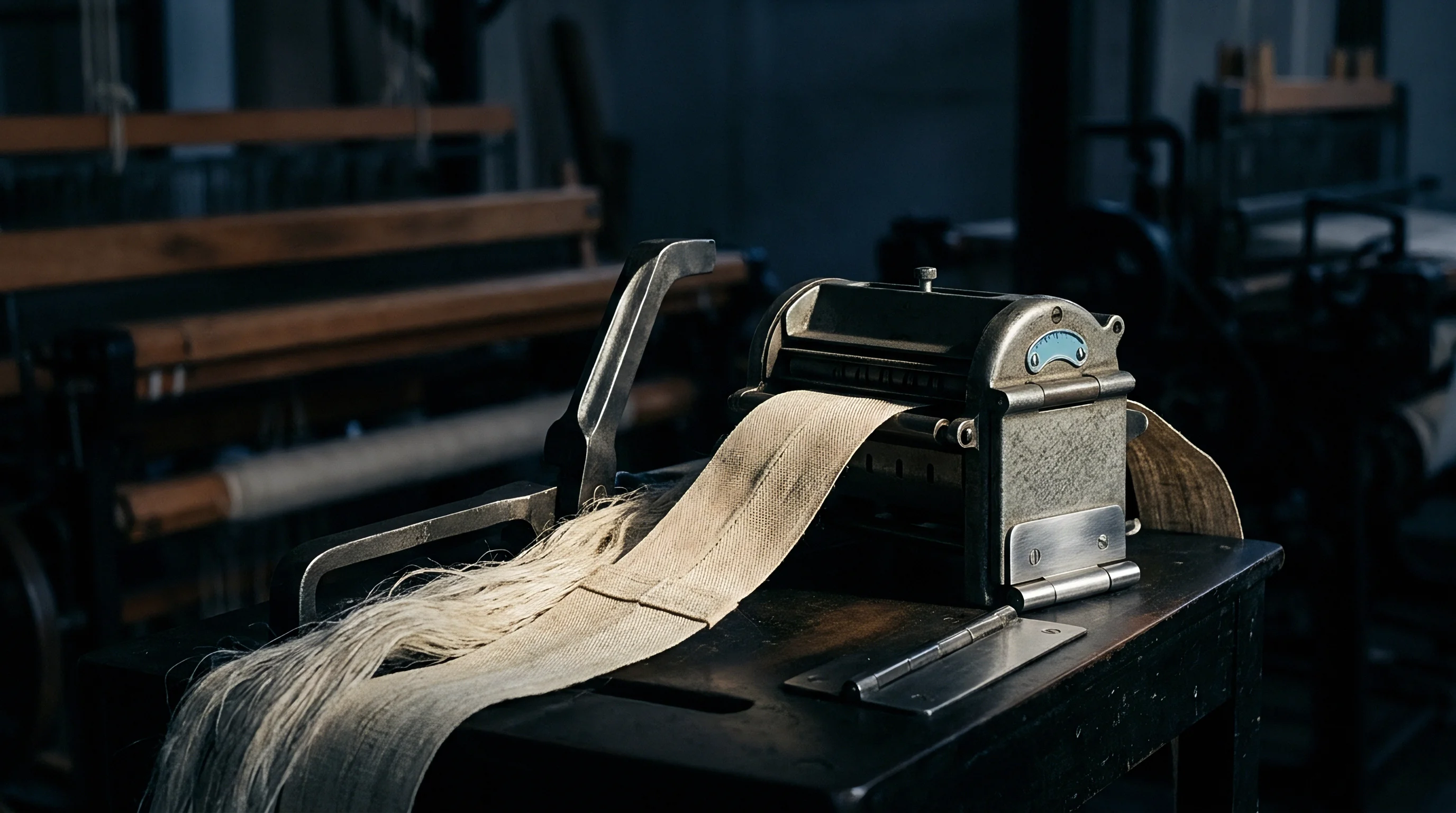 Metal processing machinery feeds raw flax fiber through tension rollers inside a dimly lit manufacturing facility filled with looms.