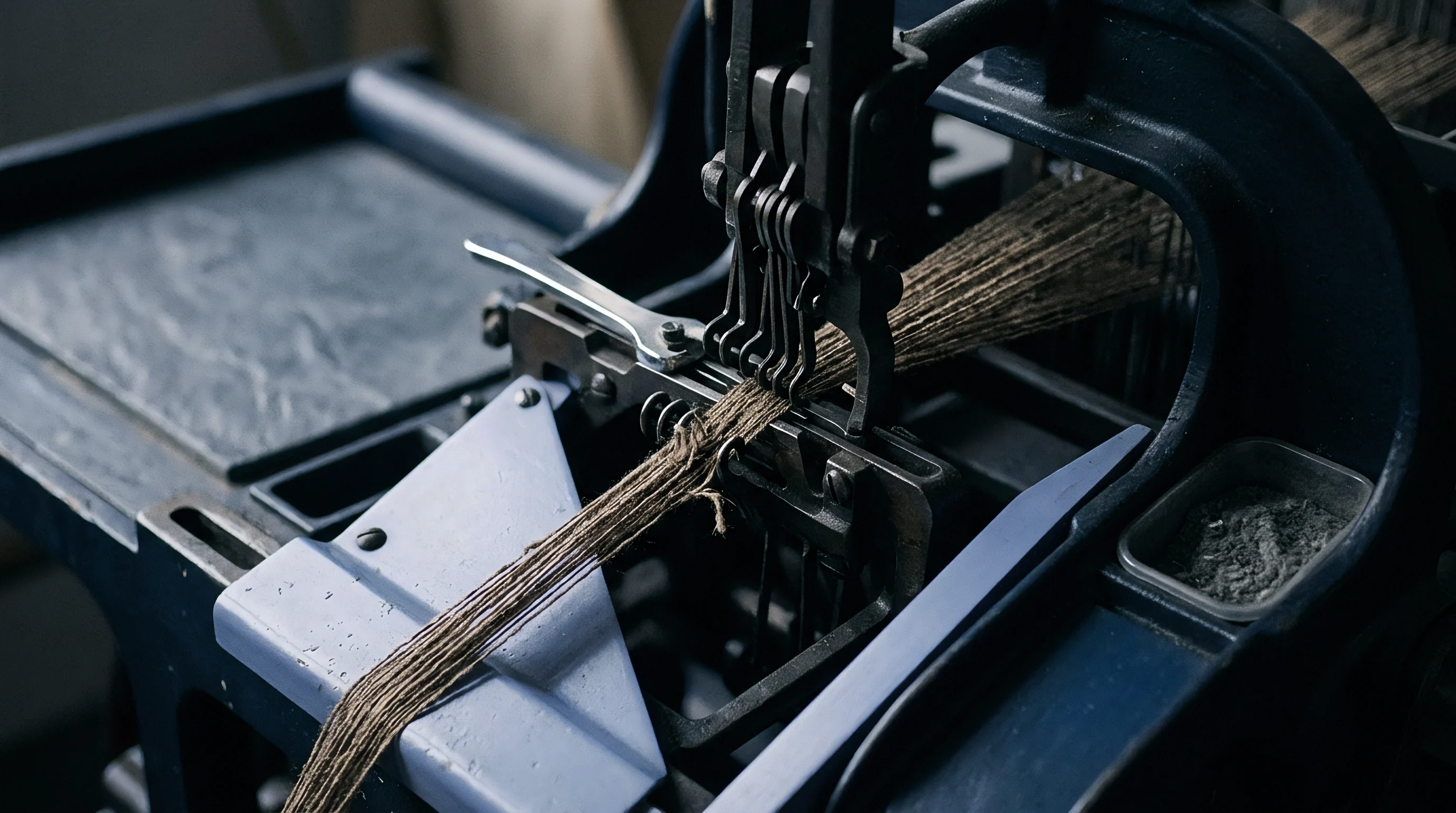 Raw flax fibers pass through the metal needles of an industrial mechanical drafting machine inside a textile workshop.