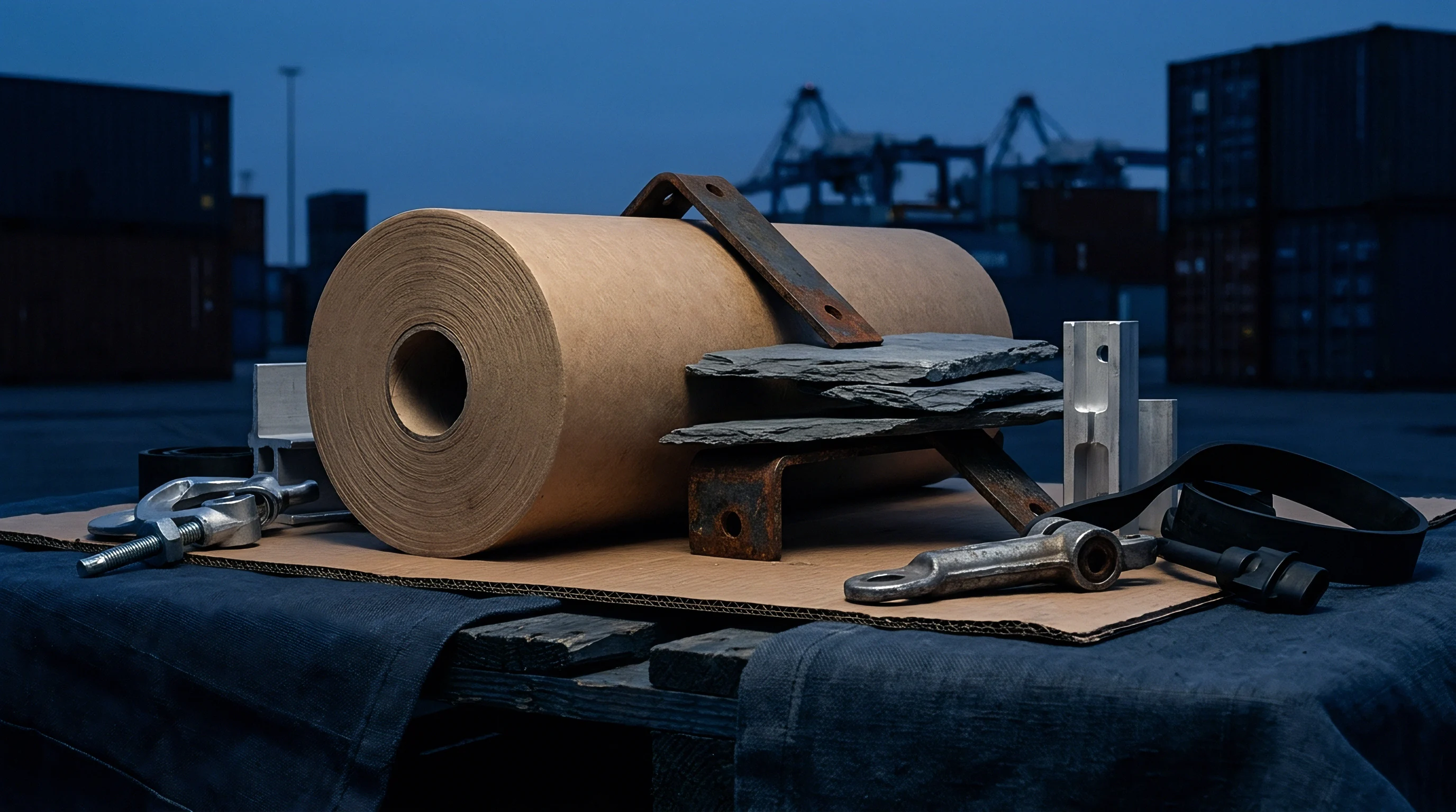 Heavy brown paper roll rests upon a wooden pallet beside metal hardware and slate components outside at dusk.