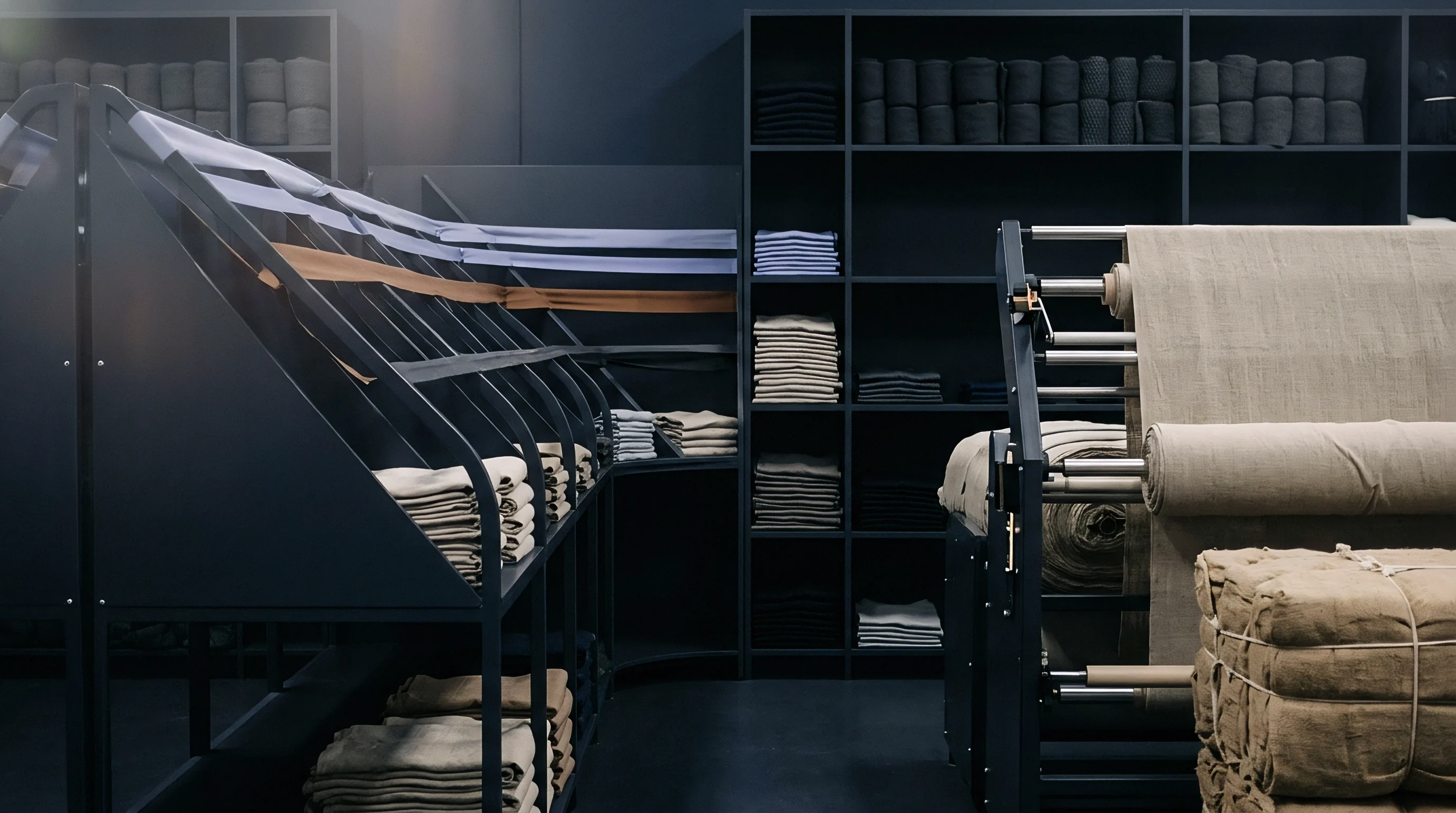 Neutral woven linen rolls and neatly folded textile batches fill industrial metal shelving units inside a specialized production warehouse.