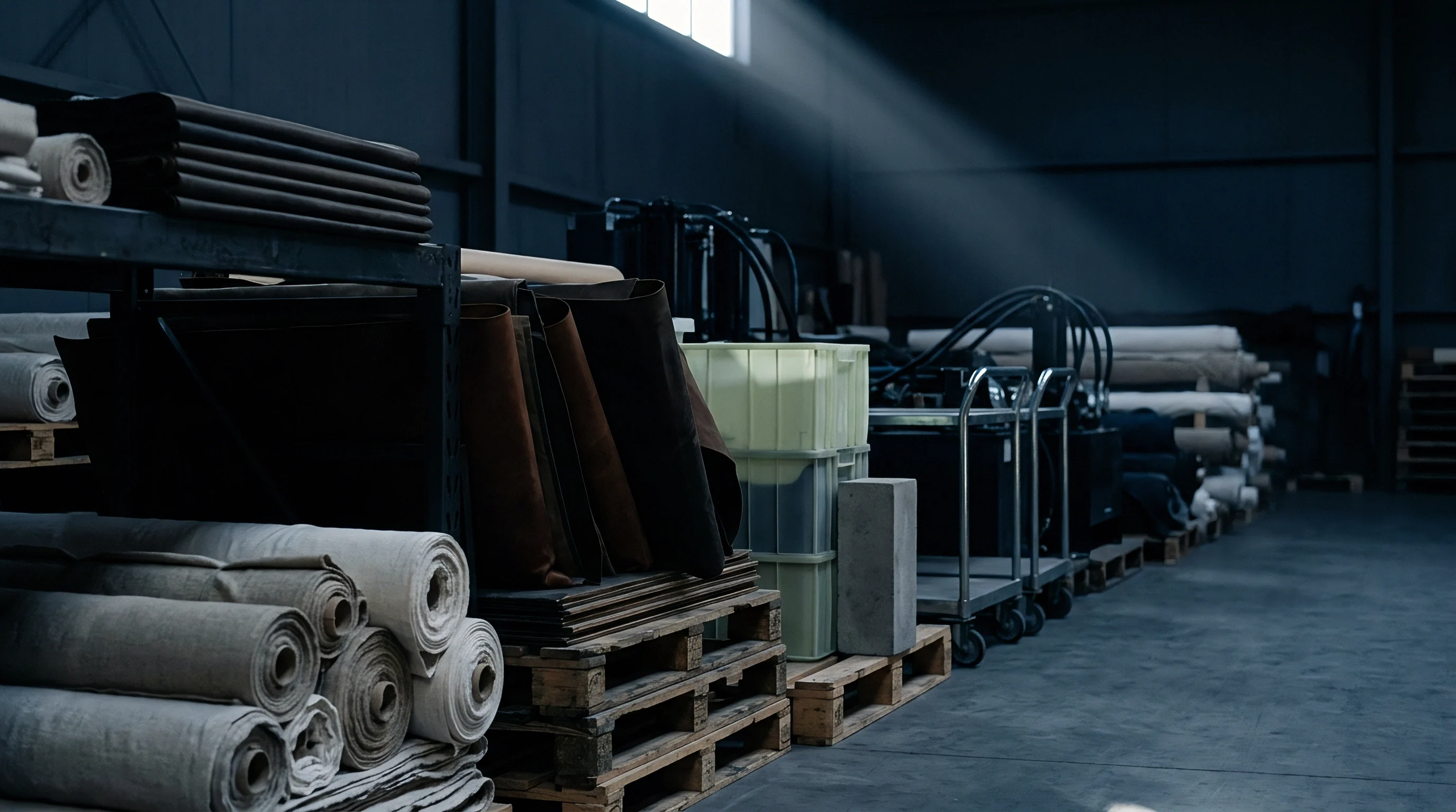 Stacks of woven linen fabric rolls and heavy textile sheets rest on wooden pallets inside a dimly lit manufacturing warehouse.