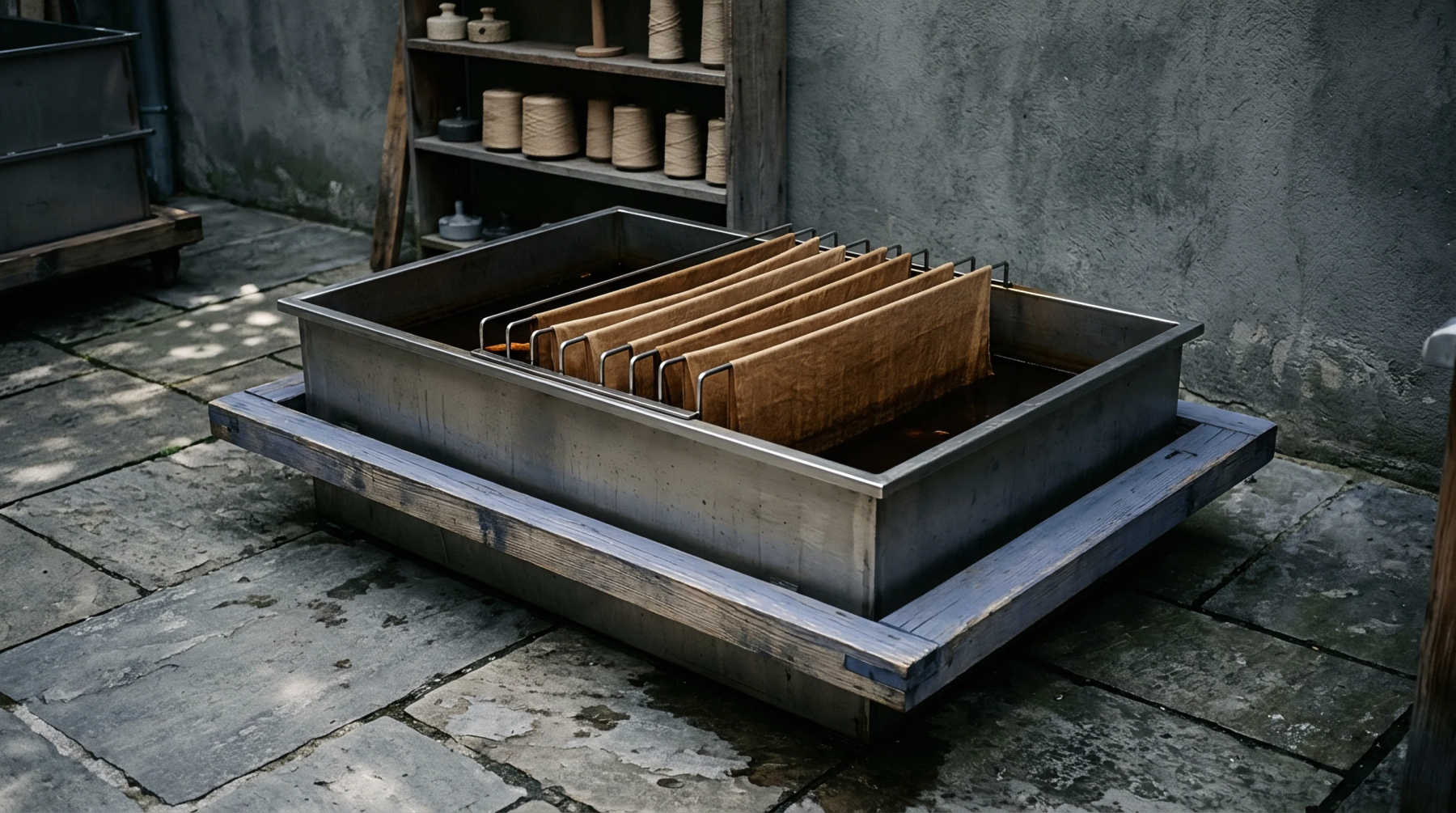 Heavy linen cloth hangs across metal frames inside a stainless steel processing vat set on stone flooring outdoors.