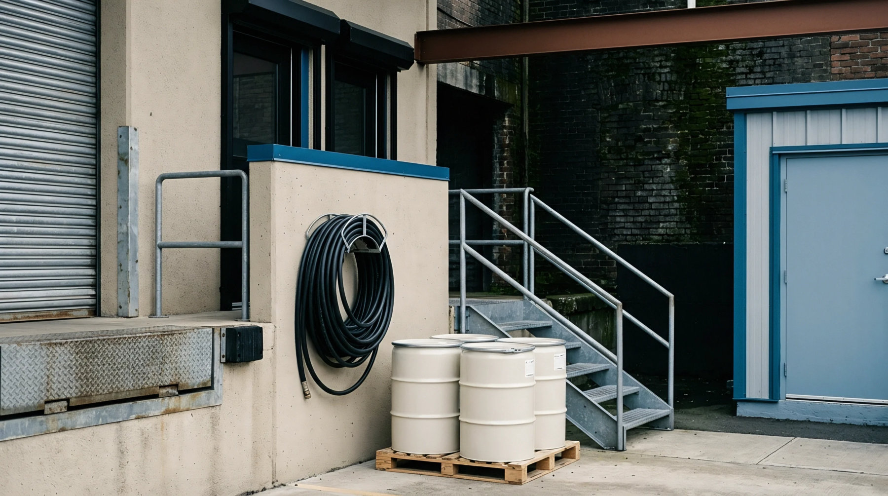 Industrial warehouse loading dock exterior features concrete walls, metal stairs, a coiled rubber water hose, and plastic barrels on a wooden pallet.