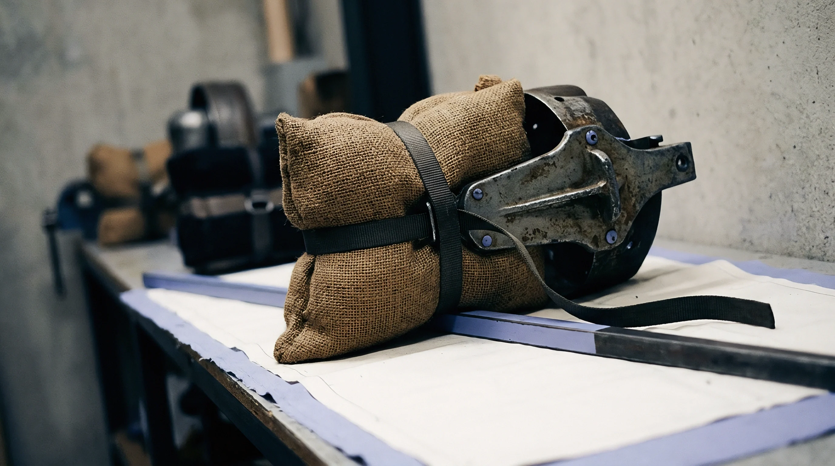 Heavy burlap textile wrapping secures a vintage metal machine component resting on a workbench inside an industrial production facility.