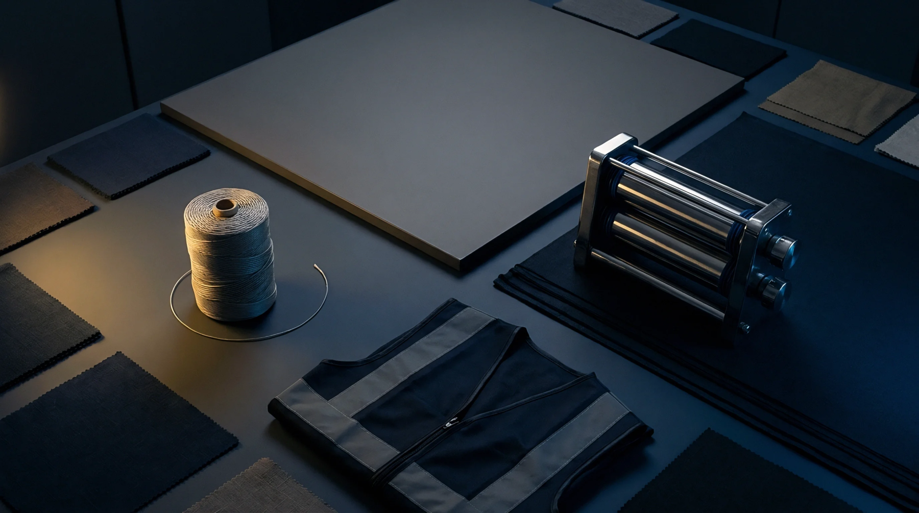 A spool of linen yarn sits beside a metal rolling tool and textile swatches on a dark surface for material quality control and production.