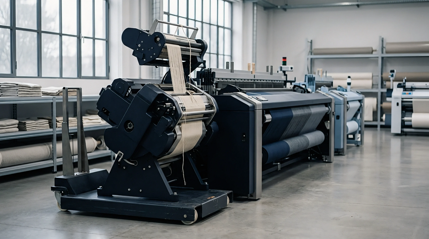 Heavy industrial weaving machinery and a mobile warp beam carriage stand on a polished concrete floor inside a textile manufacturing facility.