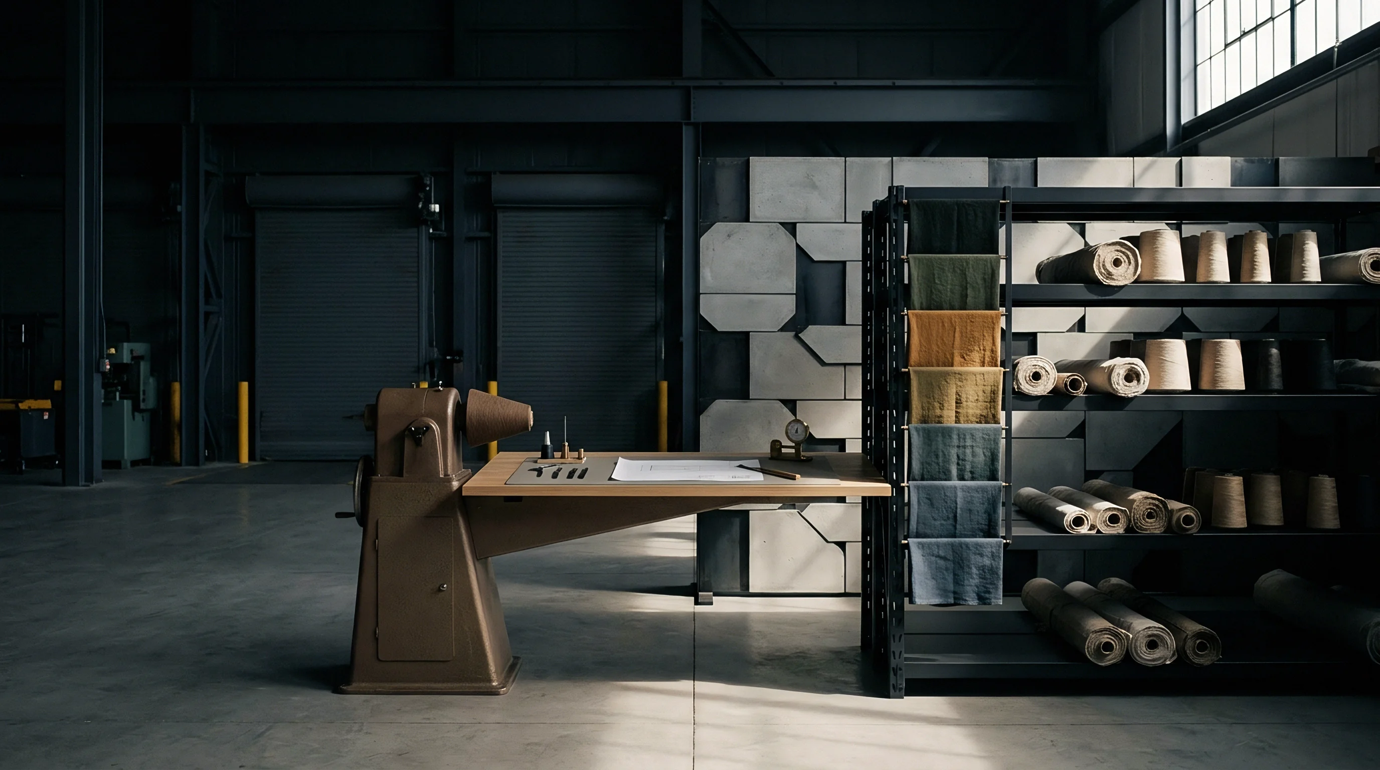 Cast iron machinery anchors a wooden workshop table beside metal shelving stacked with woven linen rolls and hanging fabric swatches inside an industrial warehouse.