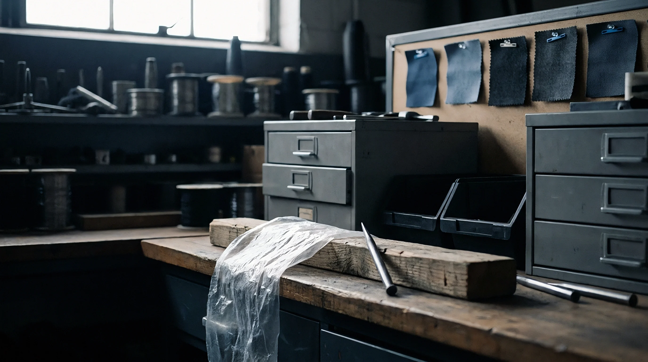 Fabric swatches hang on a corkboard above a wooden workbench inside a dark industrial textile production workshop.
