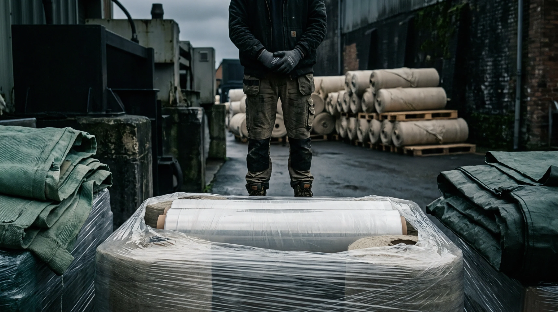 An industrial floor hosts wrapped textile rolls stacked on pallets while a worker stands before stacked fabric bolts in a manufacturing facility.