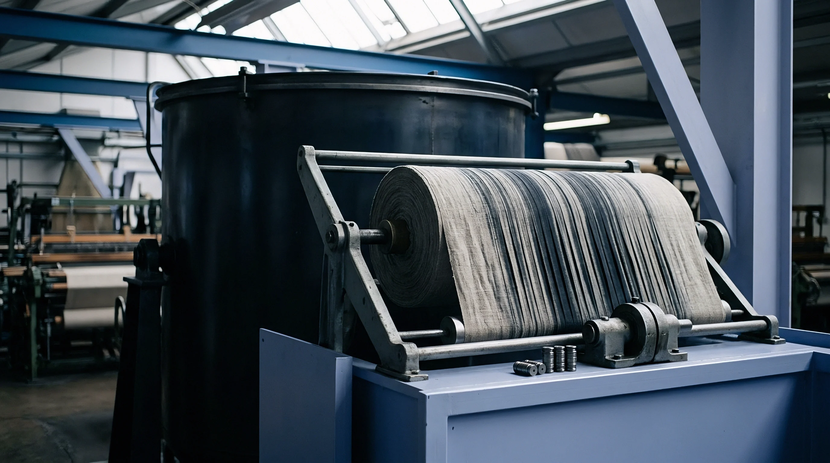 Dark yarn wound onto a large metallic warp beam sits inside a heavy industrial textile manufacturing facility.