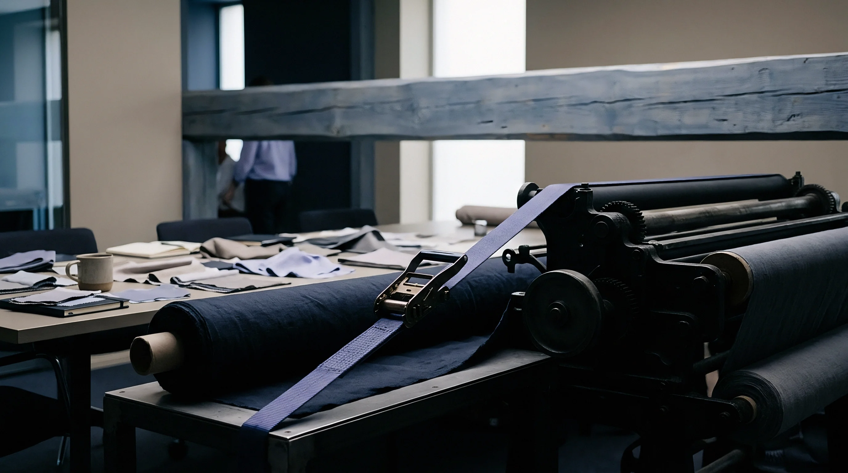 Dark navy woven linen rolls secured by straps rest on industrial textile machinery near a design table covered in swatches and technical notebooks.
