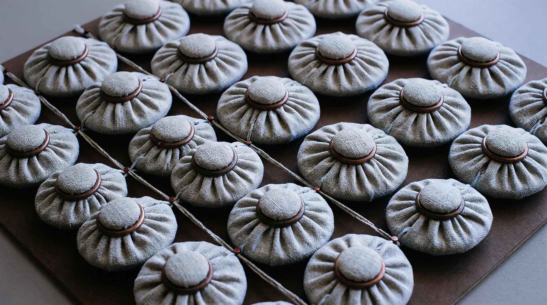 Small circular linen fabric buttons with metal centers sit in a structured grid across a dark board connected by fine cords in this digital render.