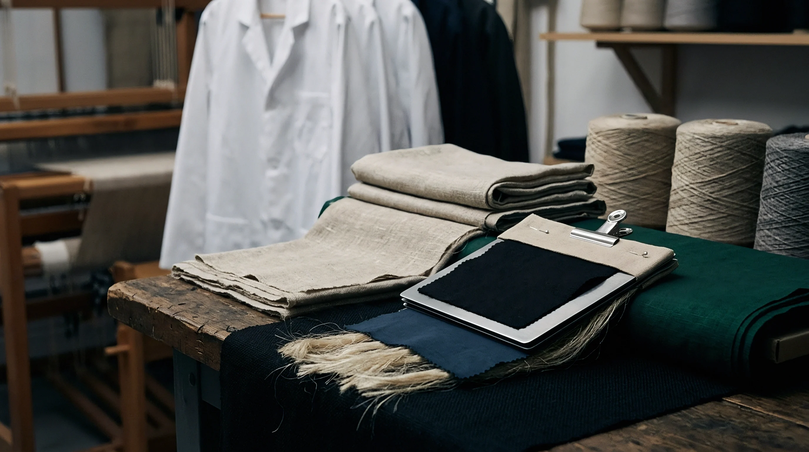 Folded woven linen cloth, yarn spools, and fabric swatches rest on a wooden workbench inside a textile manufacturing workshop.