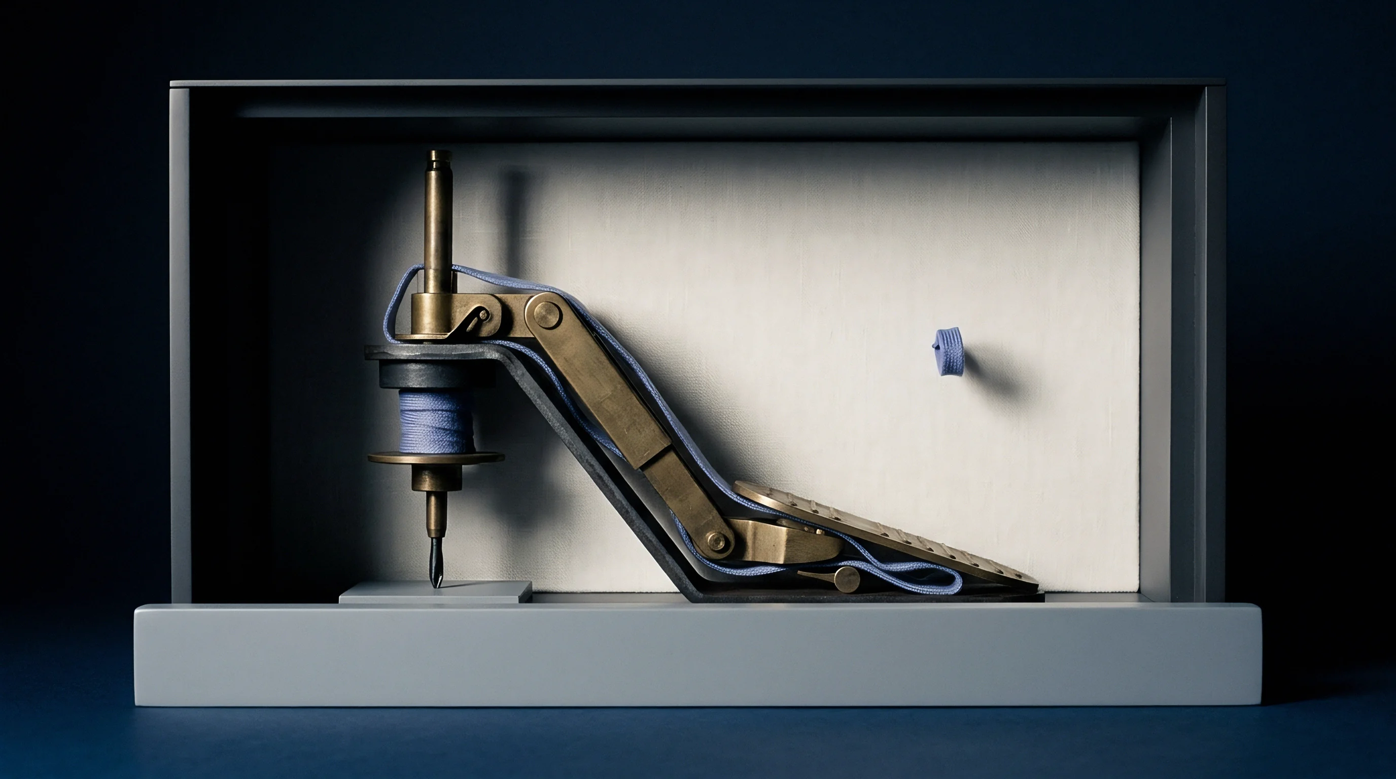 An illustrative display model of a heeled shoe constructed from brass mechanical loom parts and a blue linen yarn spindle sits within a grey frame.