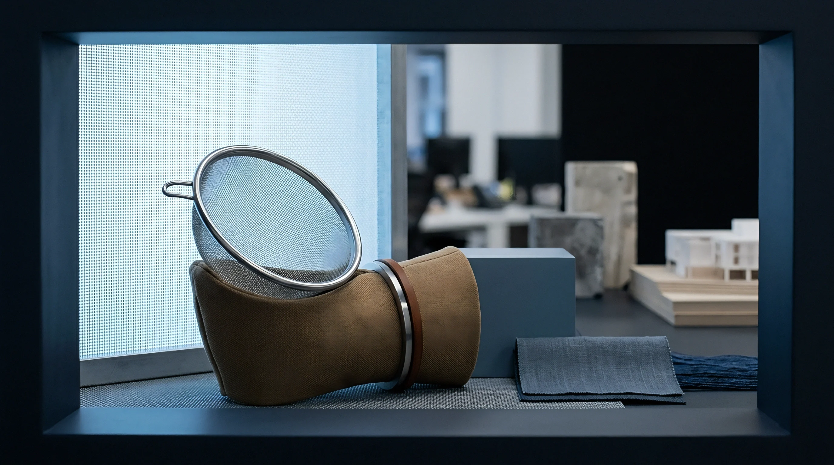 A metal sieve rests atop a folded brown canvas textile case beside deep blue fabric swatches arranged on a dark display surface.