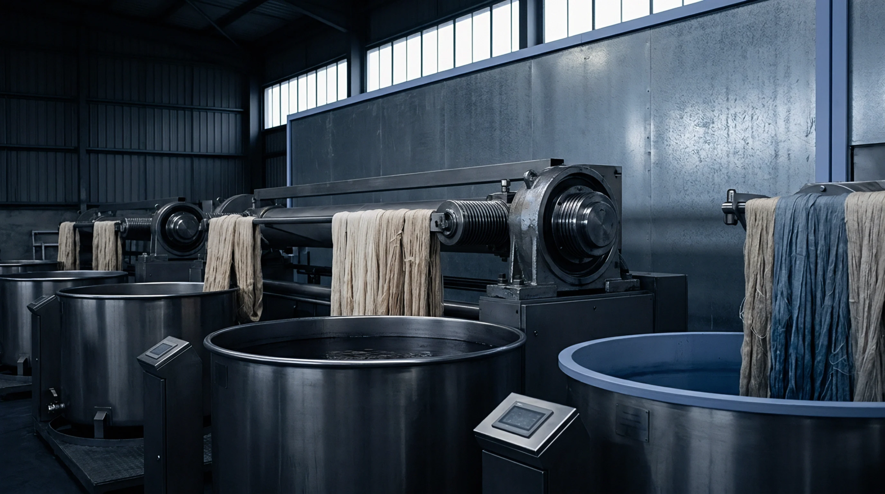 Natural flax hanks hang over heavy machinery rollers above stainless steel vats in a large industrial dyeing and textile processing facility.