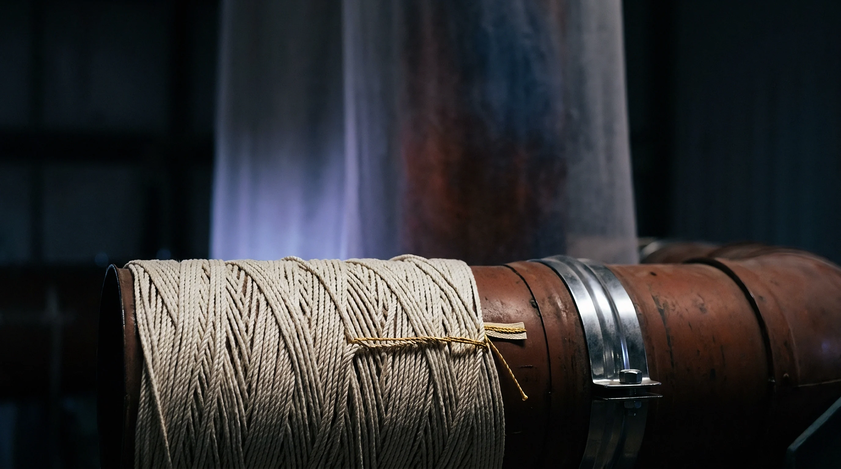 Thick cream linen yarn is wound tightly around a brown industrial metal pipe secured with a silver steel tension clamp.