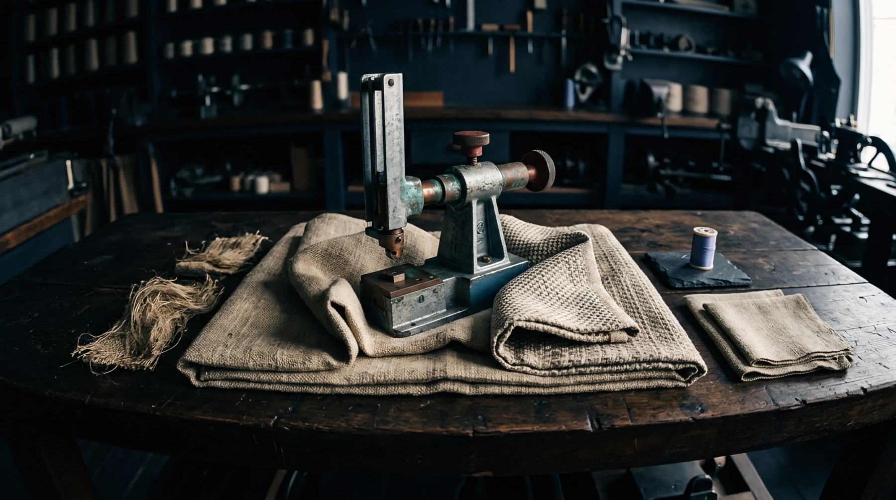 A heavy manual metal press rests on a dark wooden workbench beside folded natural flax fabric inside a dimly lit workshop.