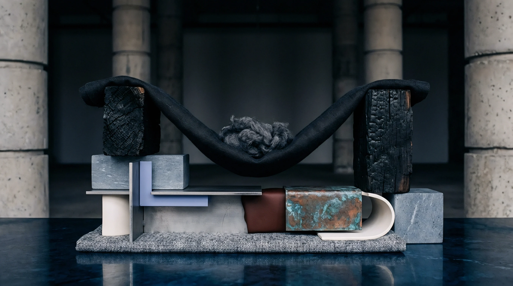 Suspended black woven cloth cradles raw grey flax fibre between charred wooden blocks positioned above a diverse architectural assembly inside a concrete hall.