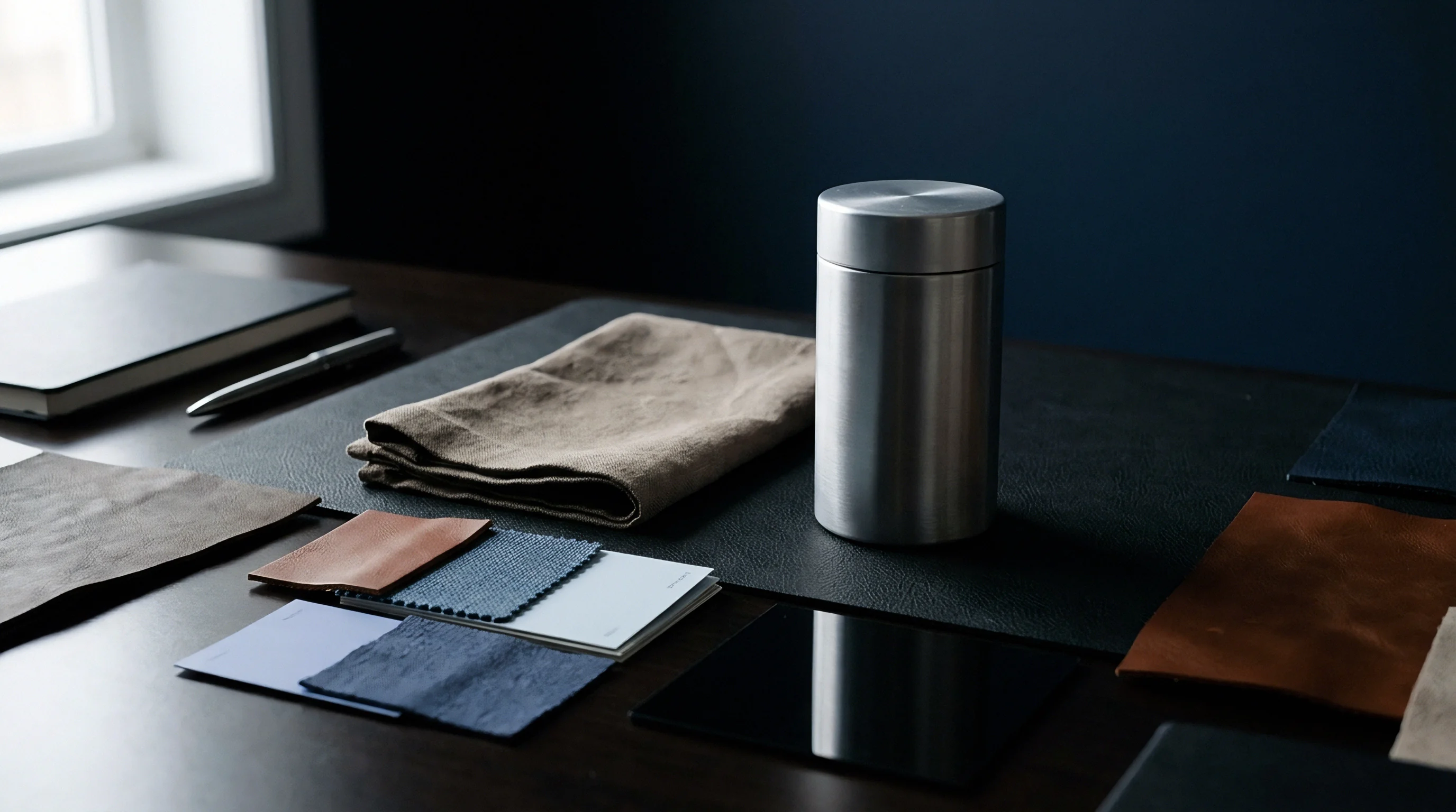 Metal canister rests beside folded natural fiber textile swatches and assorted leather samples on a dark surface during material assessment.