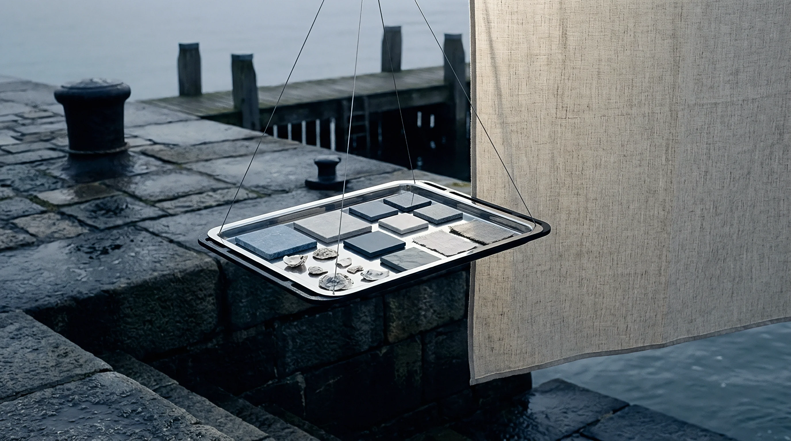 A metal tray holding material swatches and shells hangs from strings beside a woven textile panel near a stone harbor.