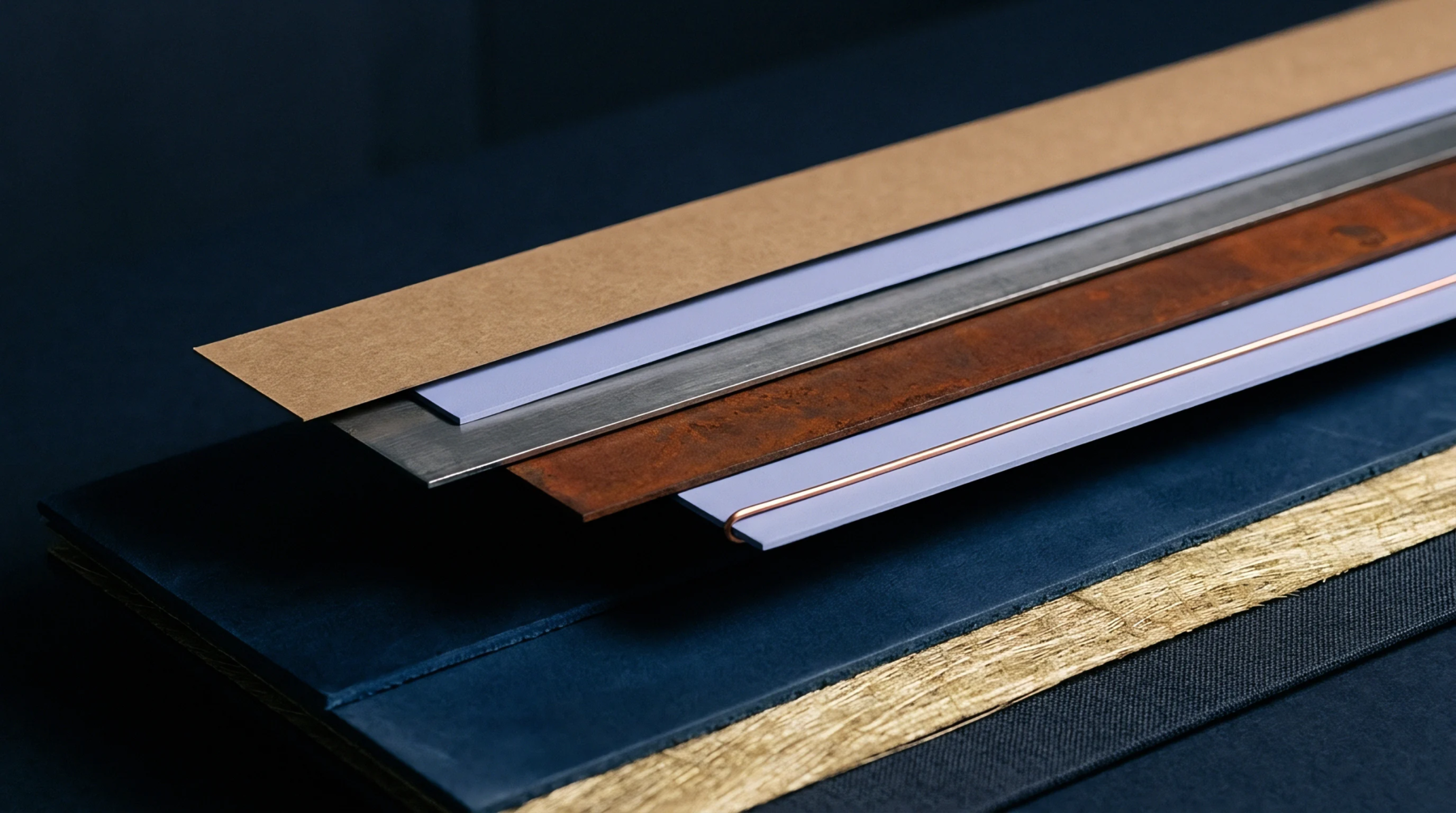 Assorted material swatches including metal sheets, paper, and wire rest upon a dark textile surface alongside a woven flax strip.