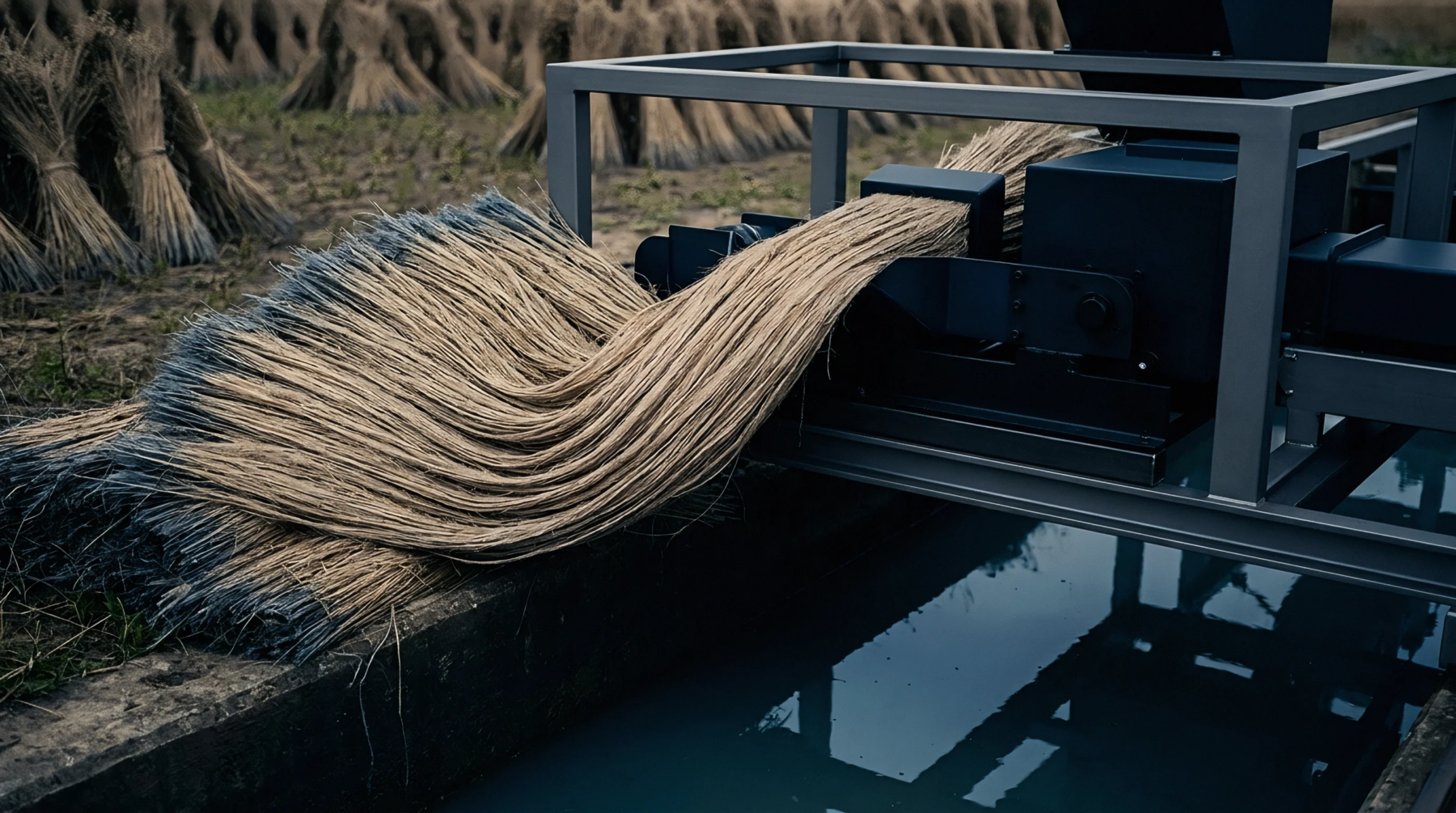 Bundles of harvested flax straw feed through a heavy steel processing machine situated over a water canal in an agricultural field.