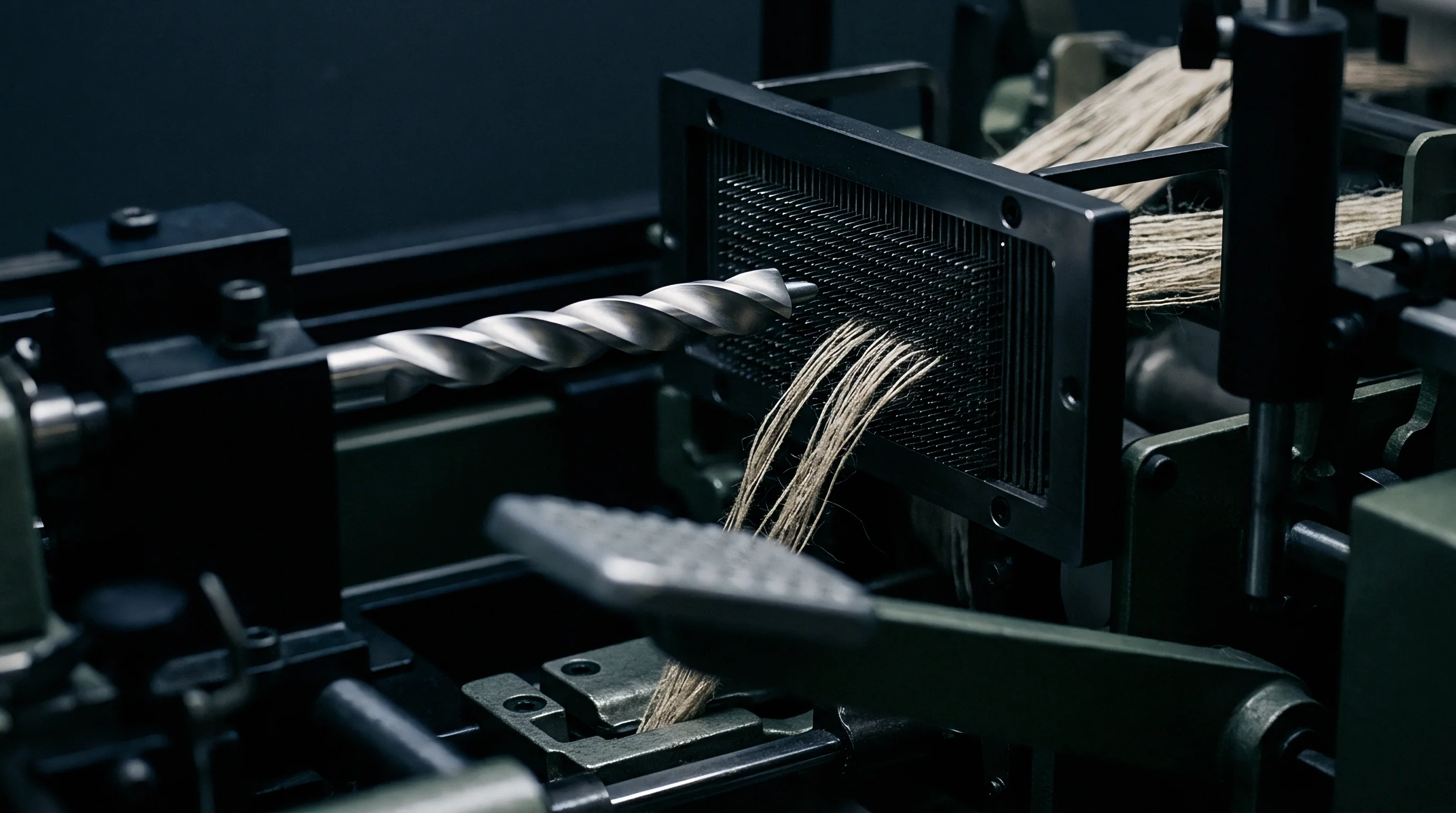 Raw flax fibers pass through a dense steel pin grid of a drafting machine inside a textile spinning facility.