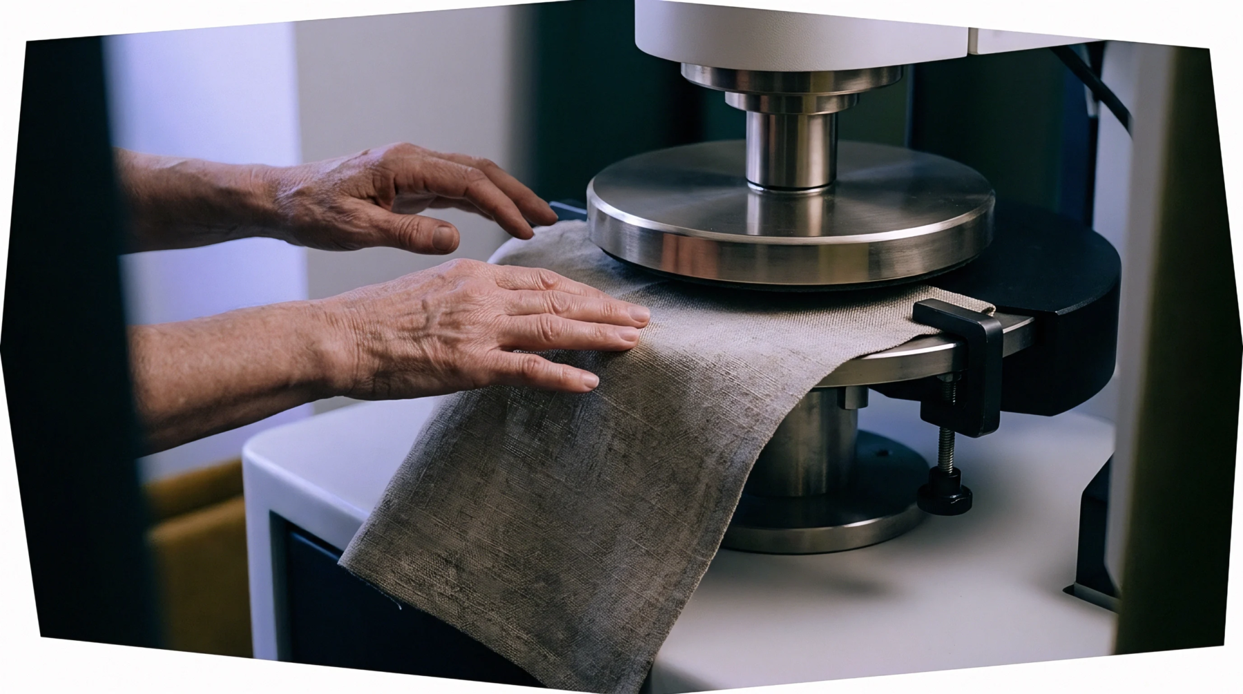 An operator examines a woven linen sample mounted inside a mechanical durability testing apparatus within a textile laboratory.