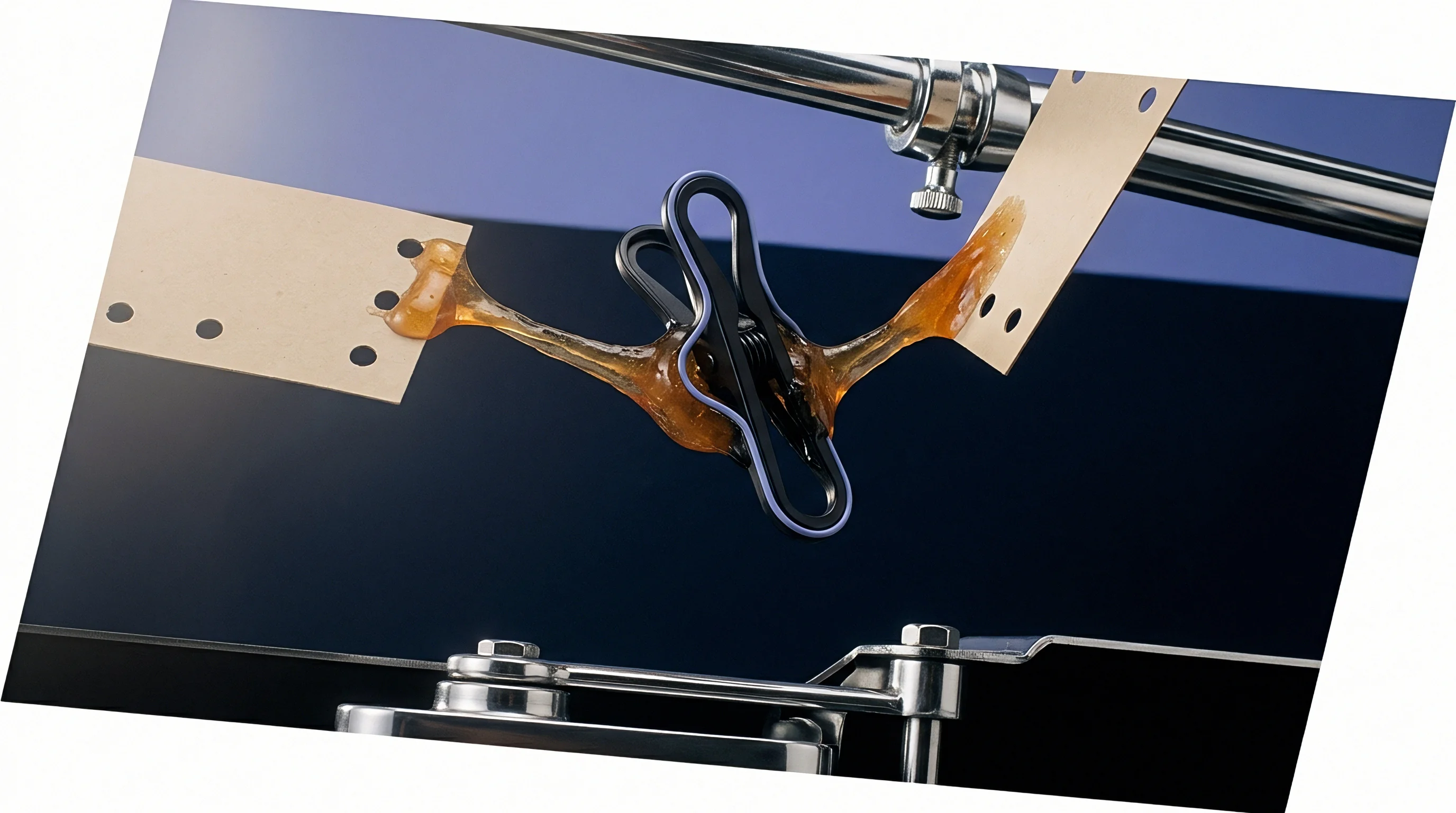 Two perforated paper strips connected by a stretched amber adhesive bridge are secured in a spring clamp attached to laboratory testing apparatus.
