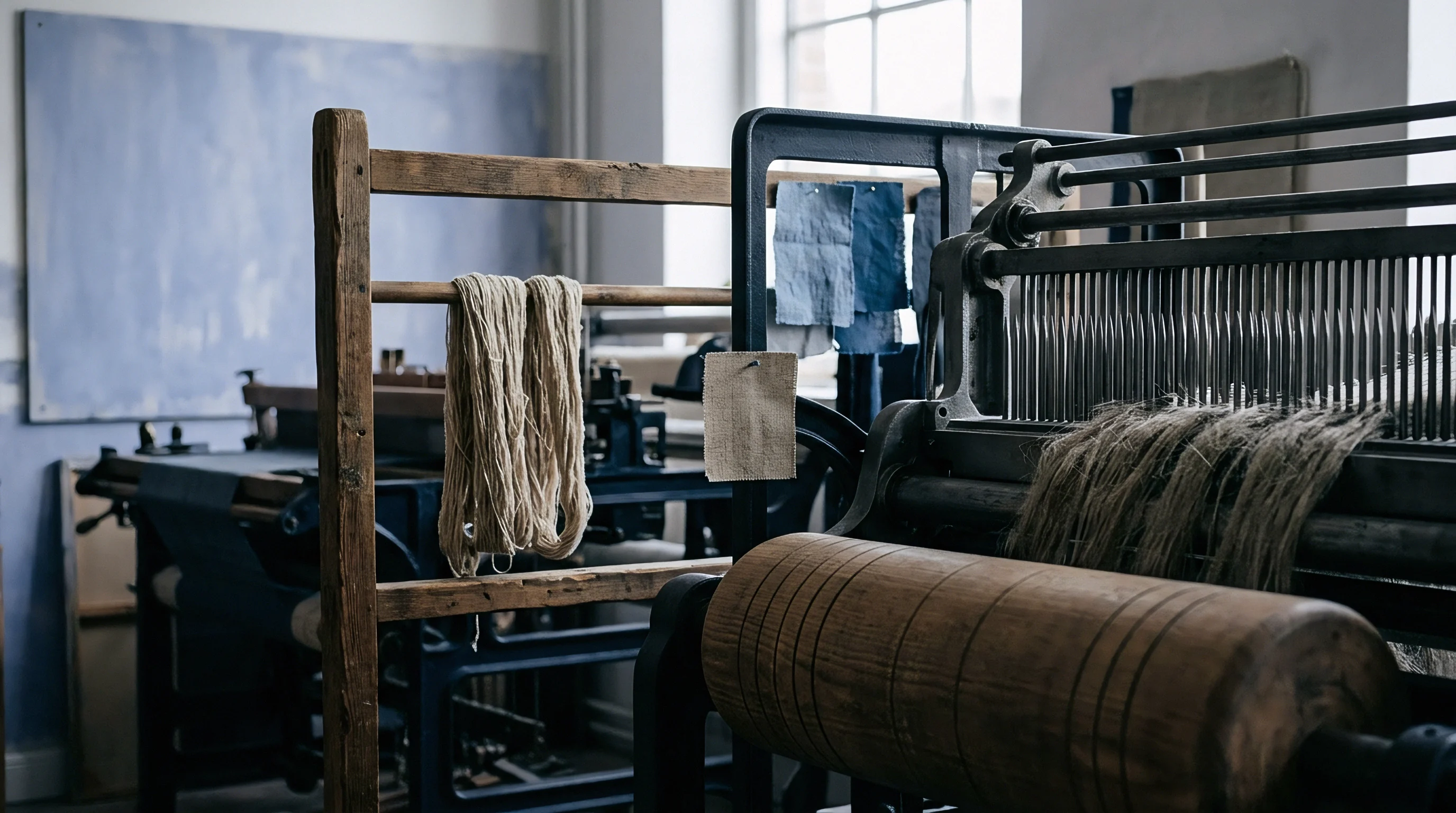 Raw flax yarn bundles hang beside heavy industrial weaving machinery inside a workshop equipped with wooden warping infrastructure.