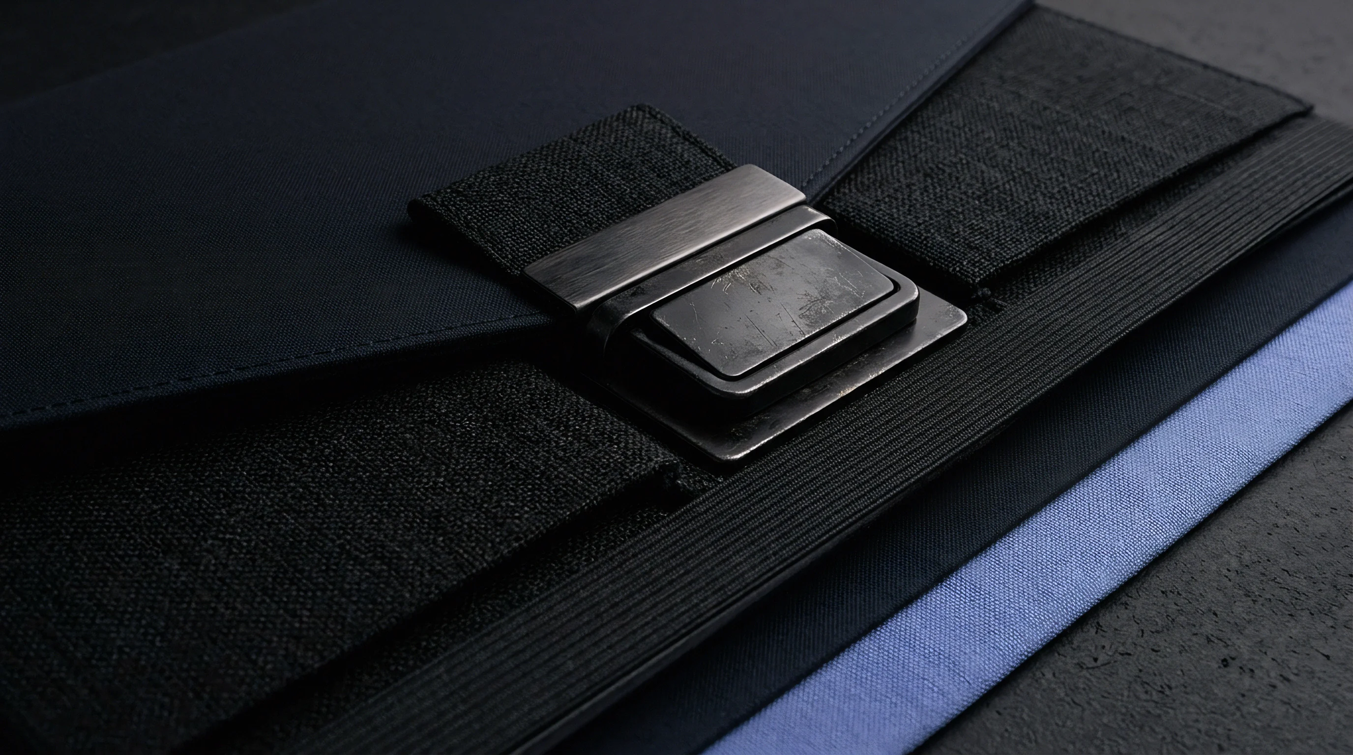 A close-up view of a dark blue woven textile portfolio or sleeve featuring a dark metal rectangular clasp and integrated elastic bands.