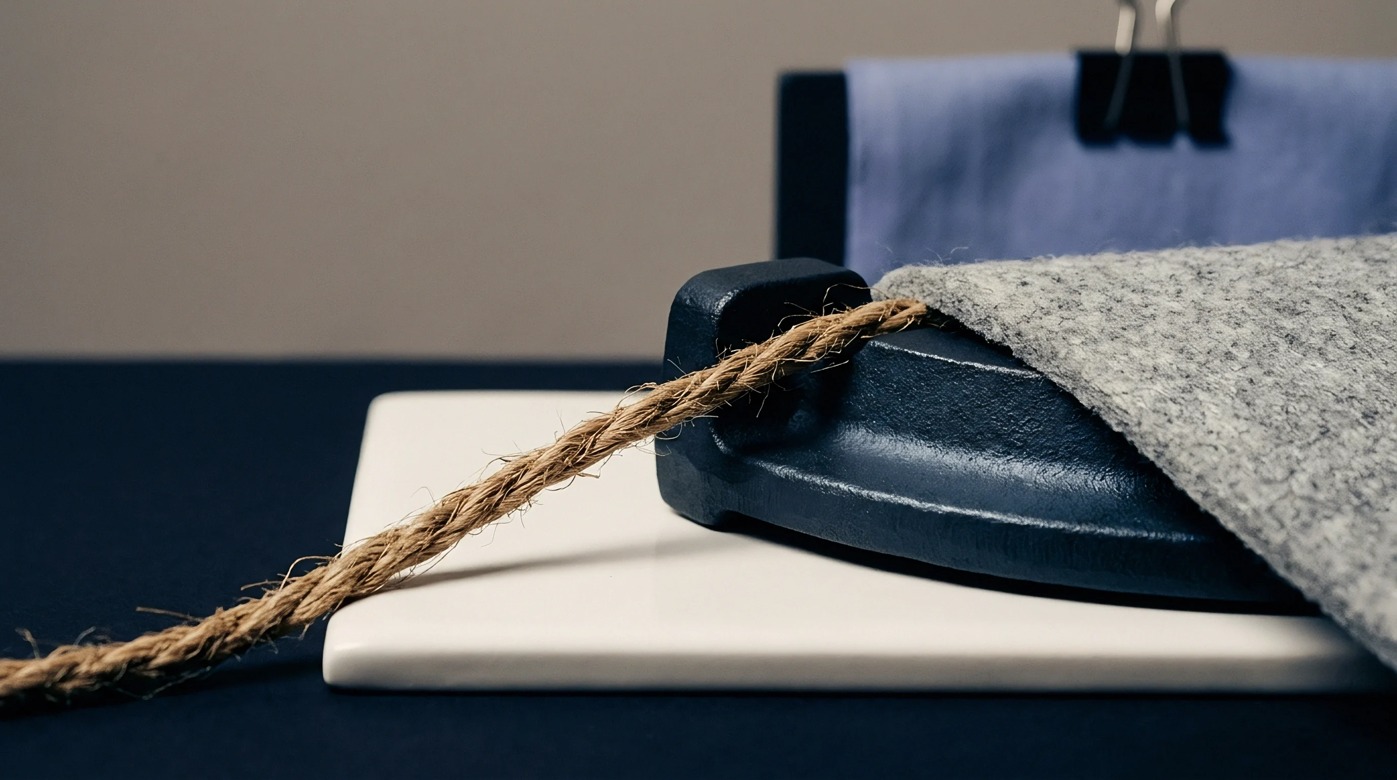 Raw plant fiber cordage extends past a heavy cast iron clamp holding a grey felted fabric sample atop a white ceramic tile.