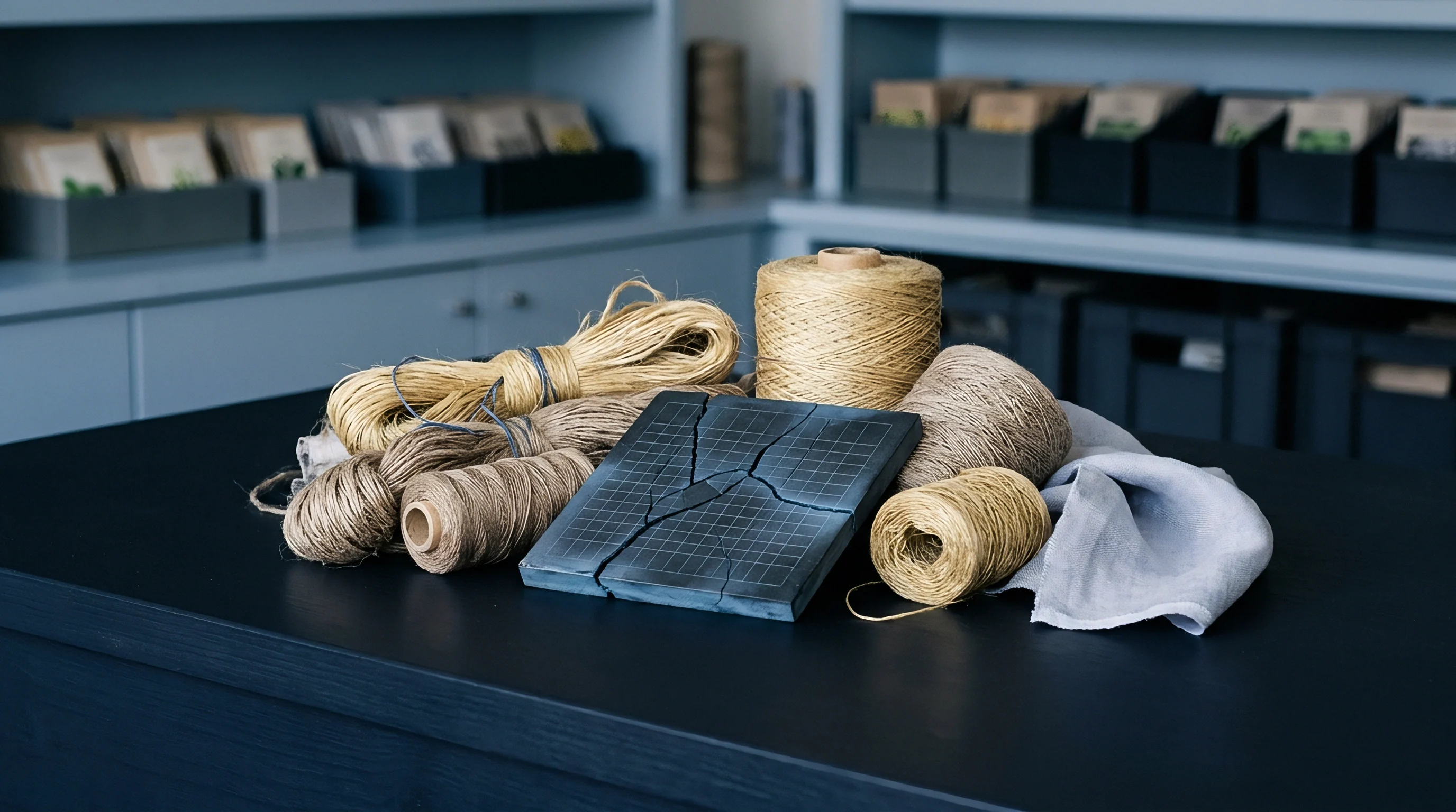 Multiple spools of natural fibre yarn and a dark cracked grid tile sit on a table with a folded linen cloth.