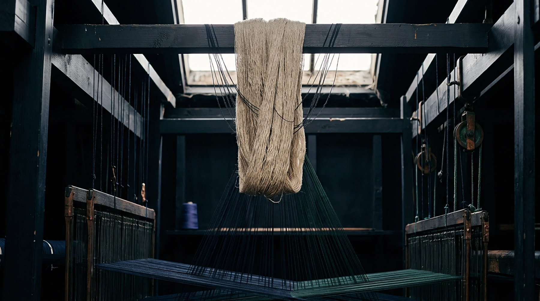 A natural flax fiber hank hangs from an overhead timber beam above the vertical warp threads of a wooden loom.