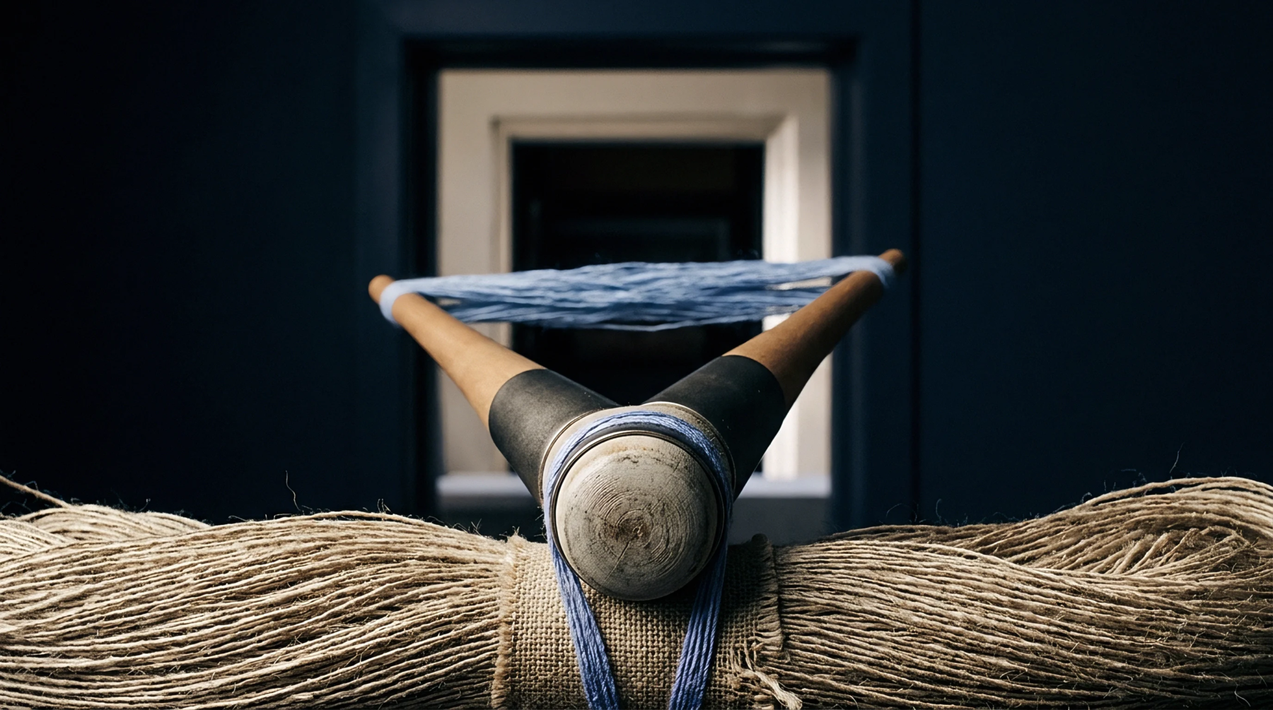 Natural flax fibers coiled in the foreground meet a V-shaped winding tool adorned with light blue spun yarn, set against a dark, indistinct background.