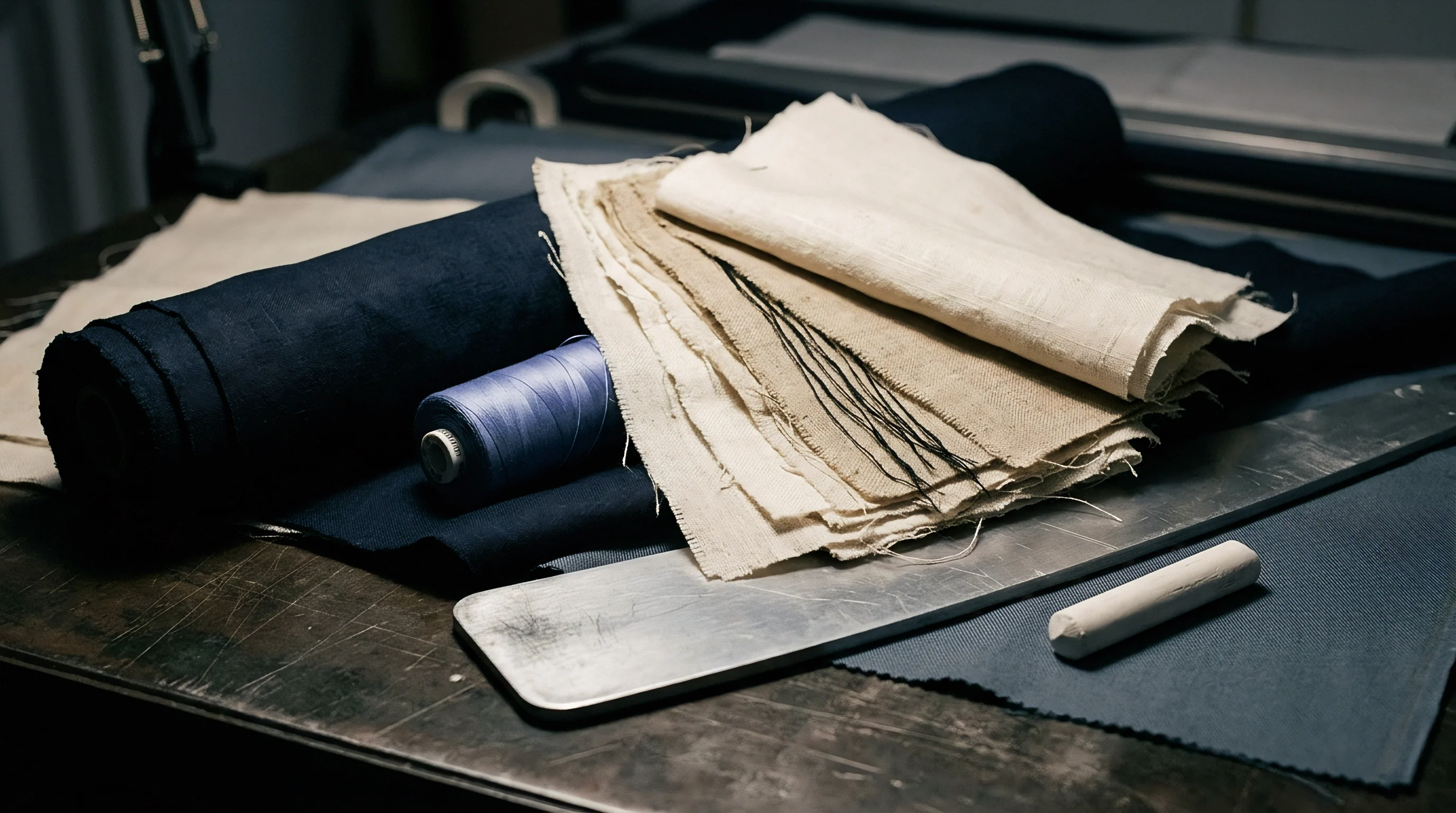 Stacks of unbleached flax swatches rest beside rolled indigo woven fabric and a blue thread spool upon a wooden workbench.