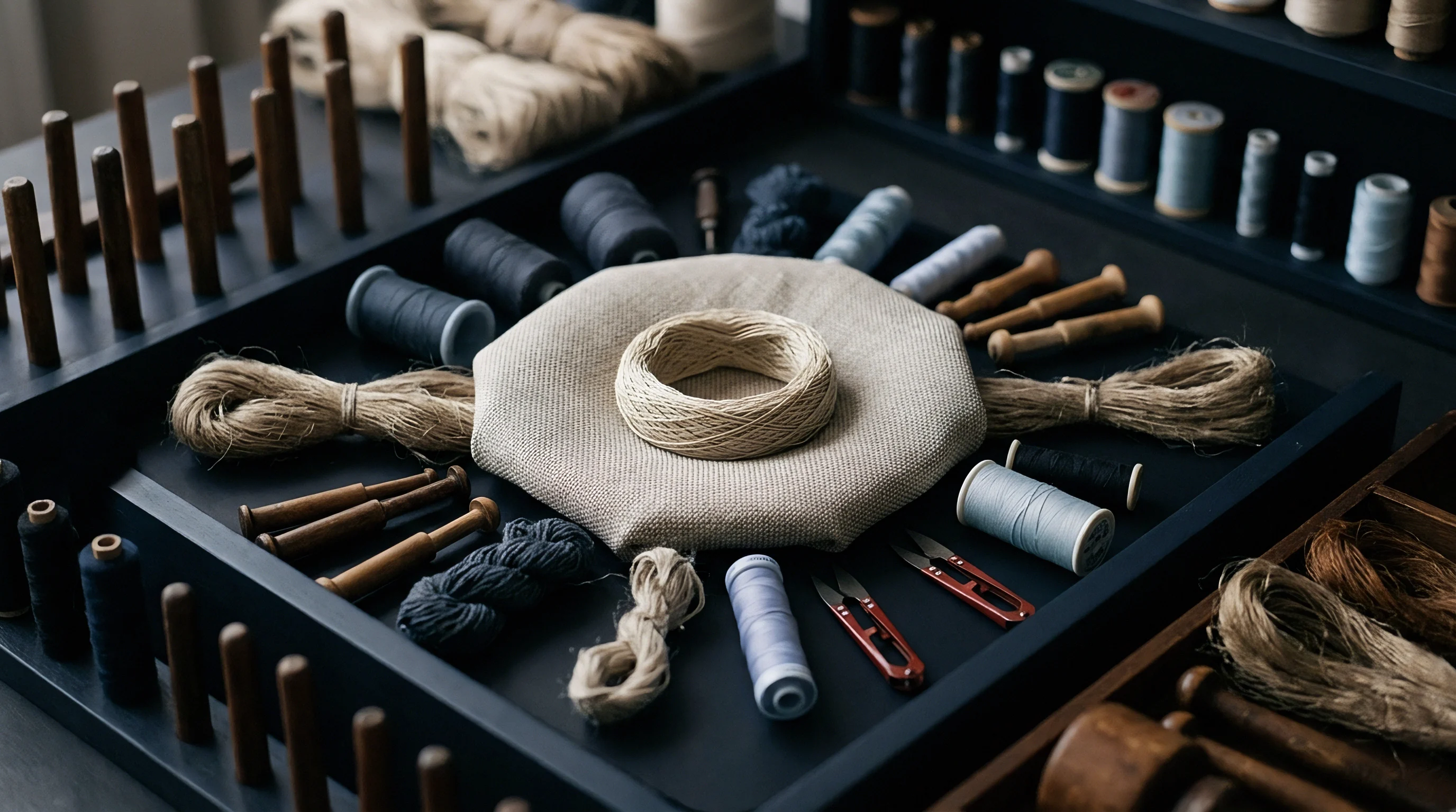 Raw flax hanks, dyed yarn spools, wooden spindles, and woven bast fabric occupy a dark workshop table arranged for textile creation.