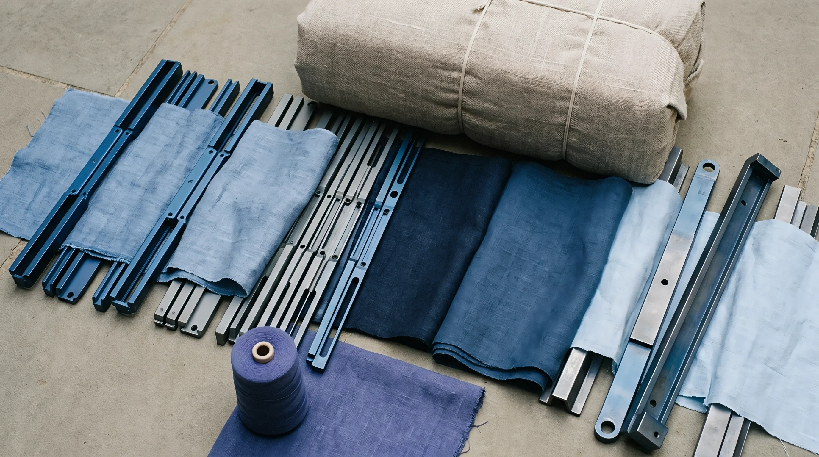 Arranged on a flat stone surface are indigo dyed textiles alongside metal loom components a yarn spool and a large hessian bale.