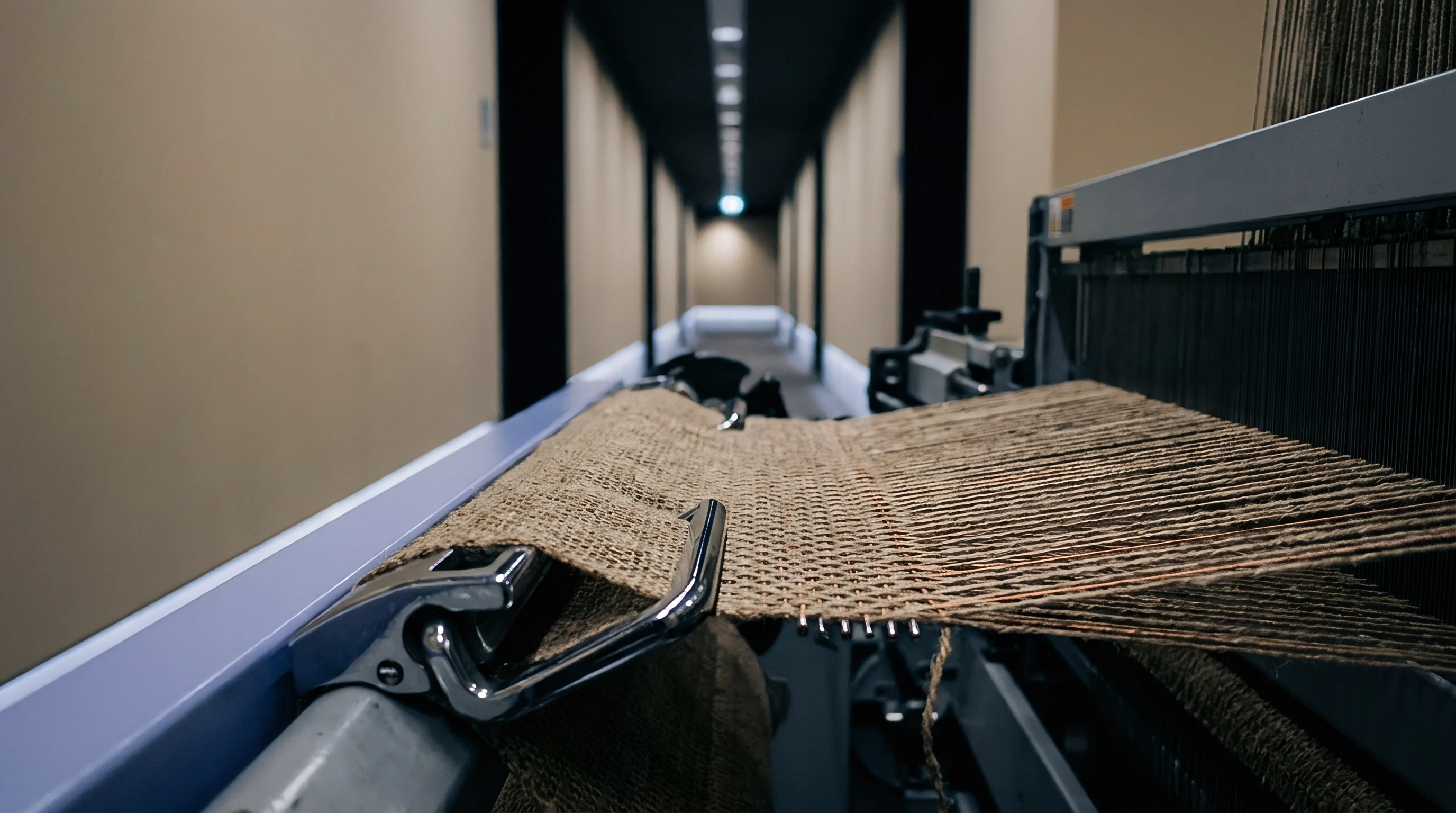 Coarse natural flax yarns feed continuously through automated industrial weaving machinery positioned along a lengthy architectural production corridor.