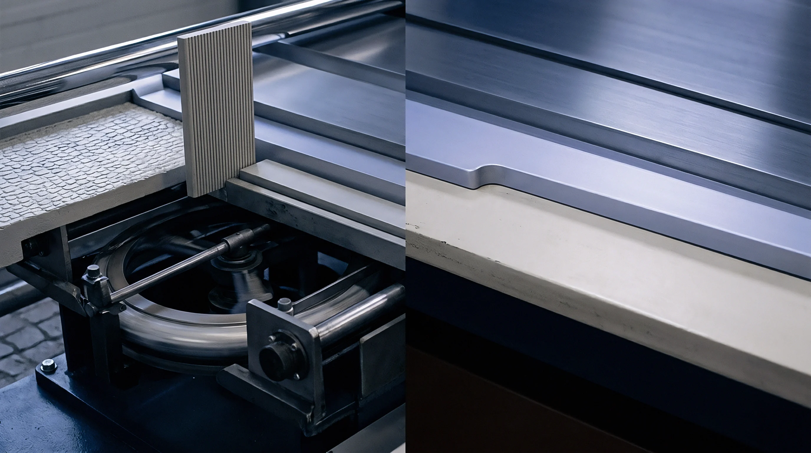 Precision machined metal mechanical assemblies and structural textile processing components feature within this industrial manufacturing equipment split view setup.