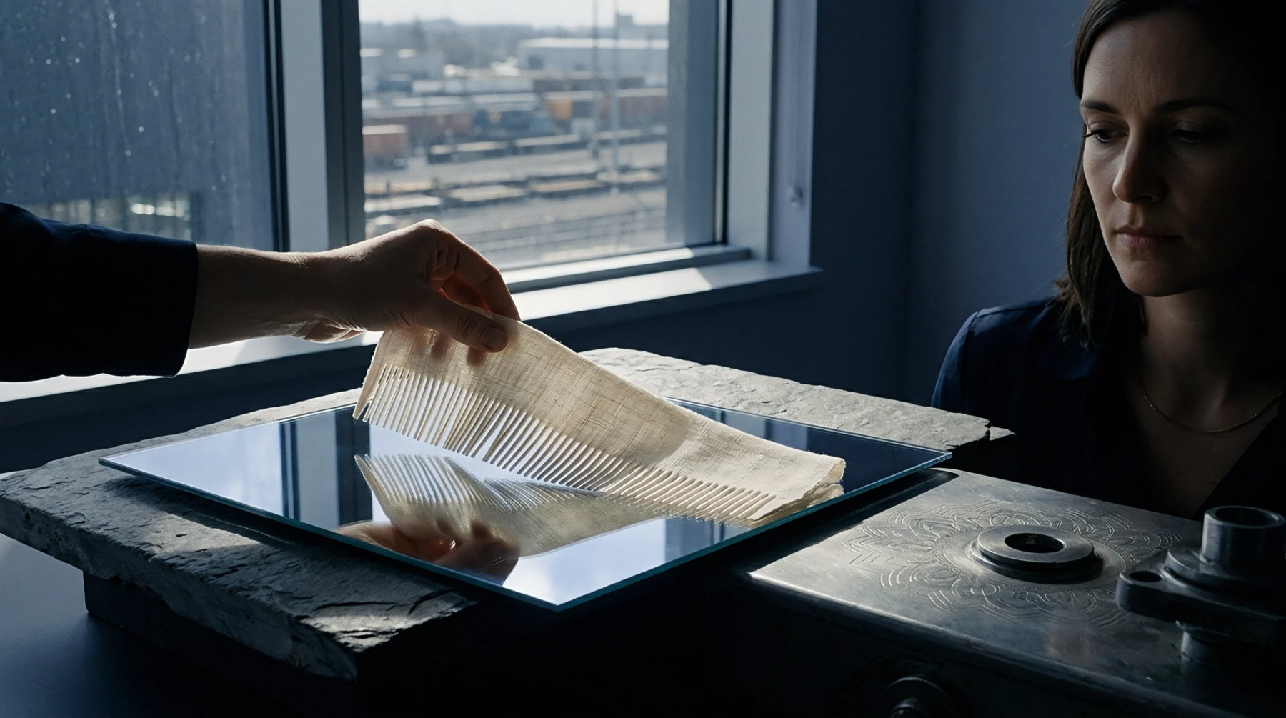 A light-colored woven textile with a distinctive comb-like structure is held over a mirror for close inspection.