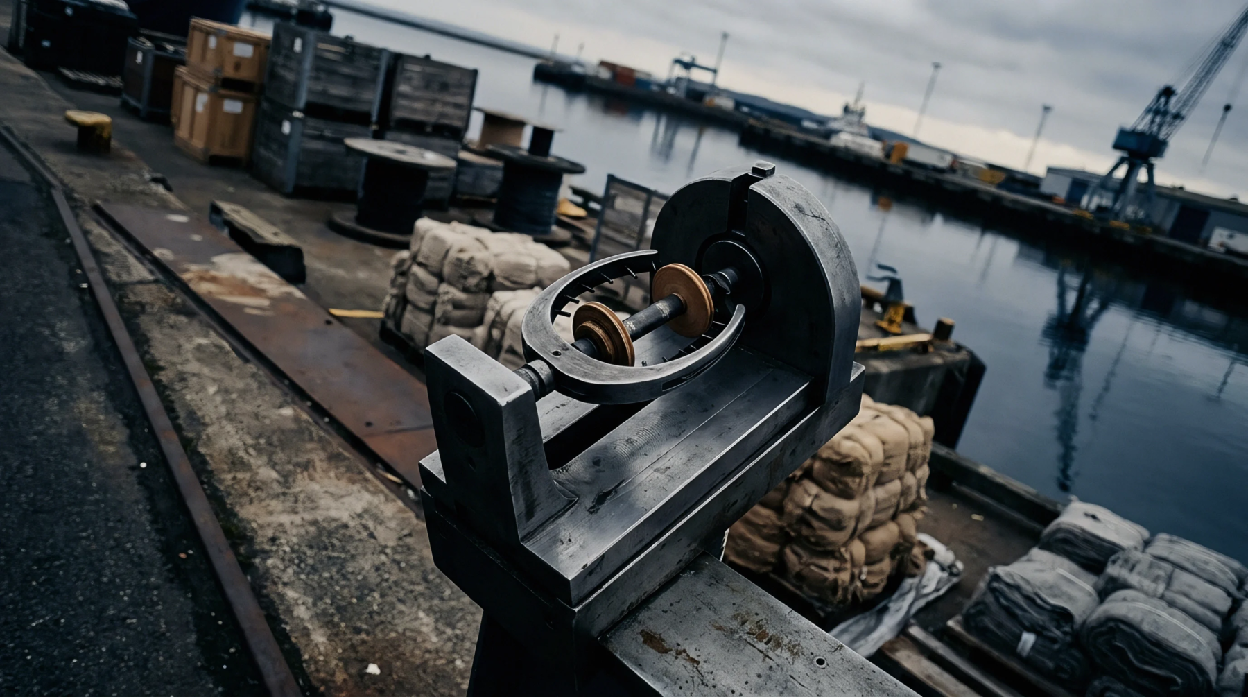 A metallic gimbled testing instrument stands on a dockside rail before stacked bales of raw fiber and maritime cargo containers.