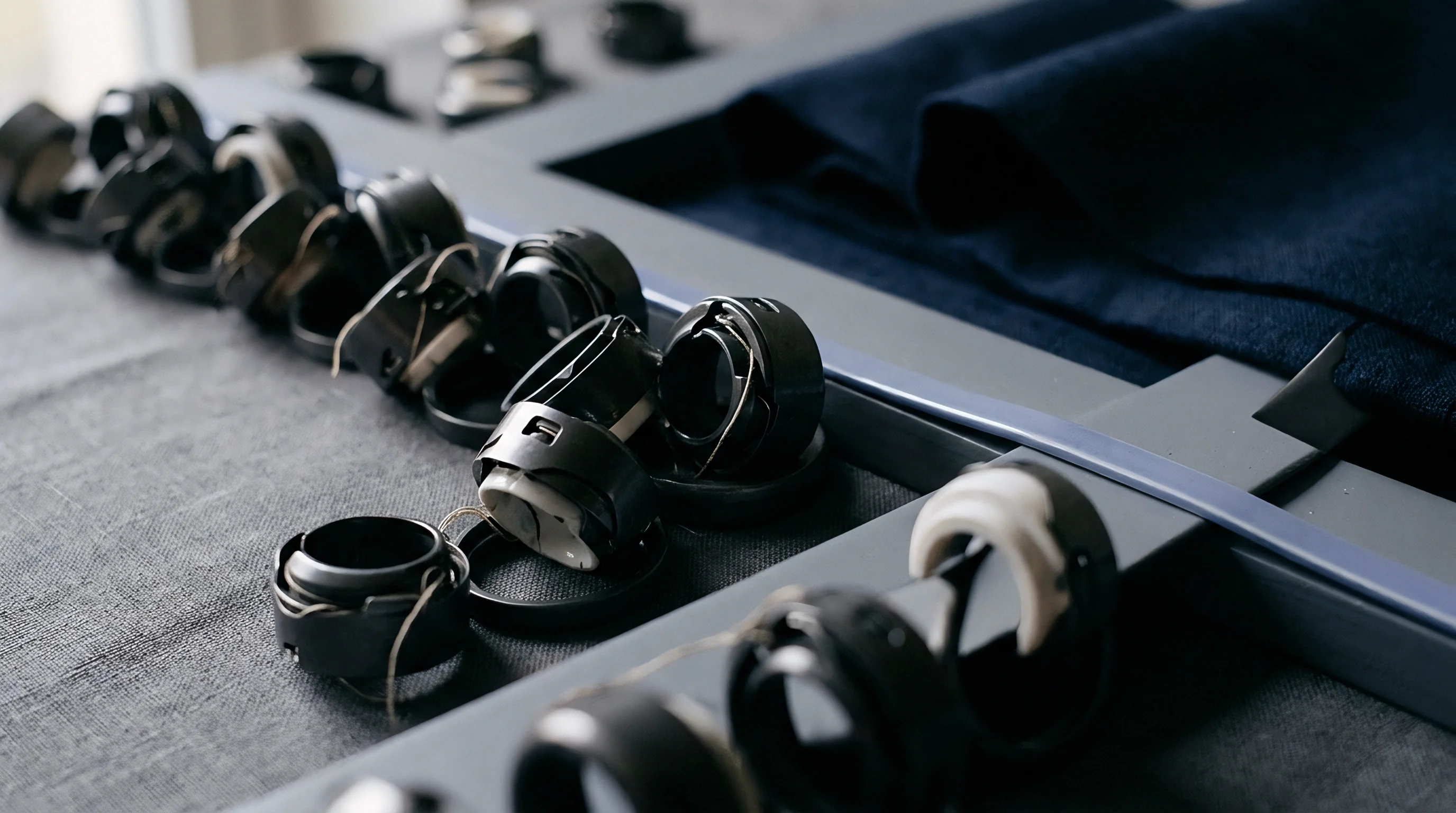Metallic industrial bobbin cases and threaded bobbins sit neatly organized on a grey workshop tray near folded navy blue cloth.