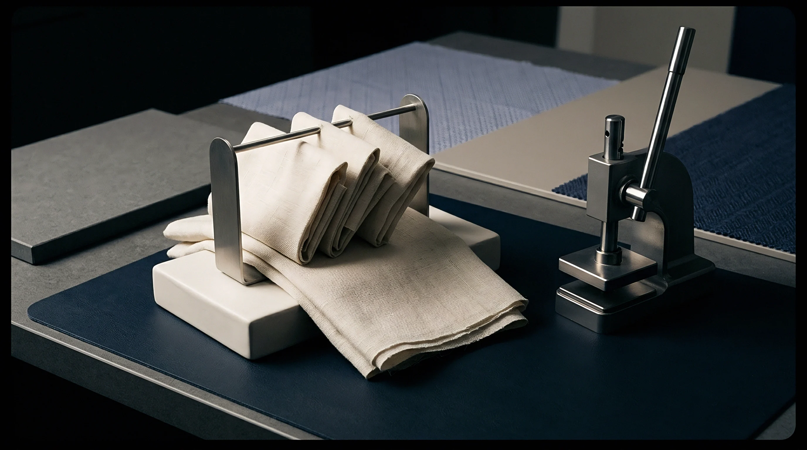 Folded natural linen cloth swatches in a metal rack sit beside a mechanical stamping press and woven fabric samples on a dark workspace.